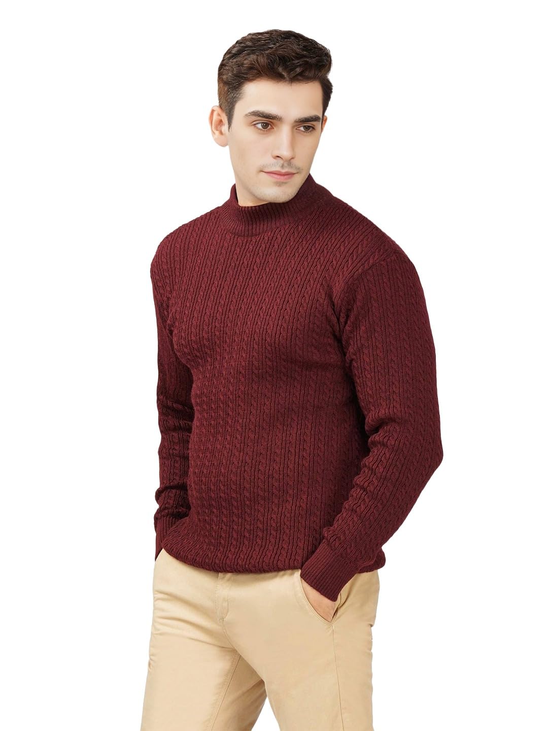 loque Mens High Neck Cable Knit Sweater Winter Pullover Warm Wool Blend Casual Full Sleeve Slim Fit Ribbed Neck Sweater-picture-14