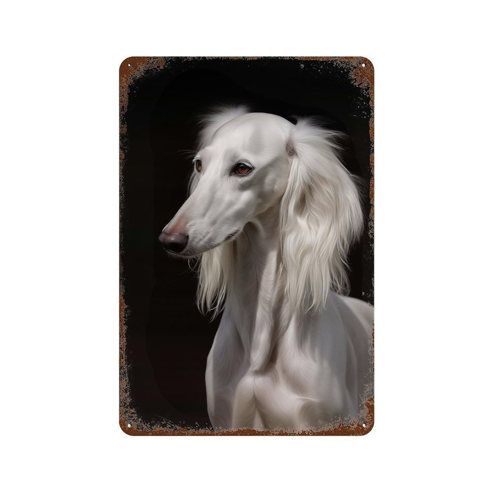 White Saluki Dog Rustic Tin Plaque 11.8"x7.9", Rustic Home Decor for Office, Studio And Wall Decor