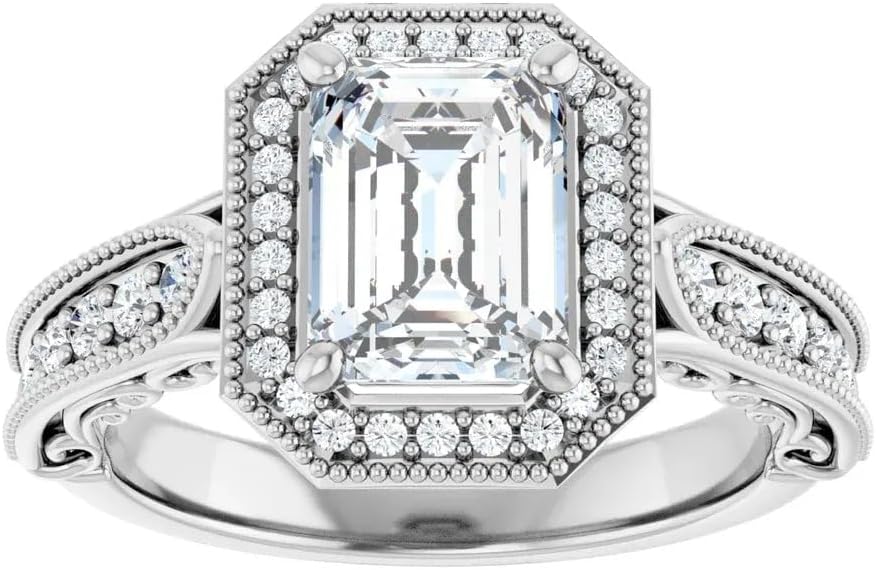 2.00 CT Emerald Cut Moissanite Engagement Milgrain Ring Vintage Halo Style Diamond Wedding Ring For Women Unique Four Prong Setting 925 Sterling Silver, Solid 10K/14K/18K Gold Ring Gift For Her