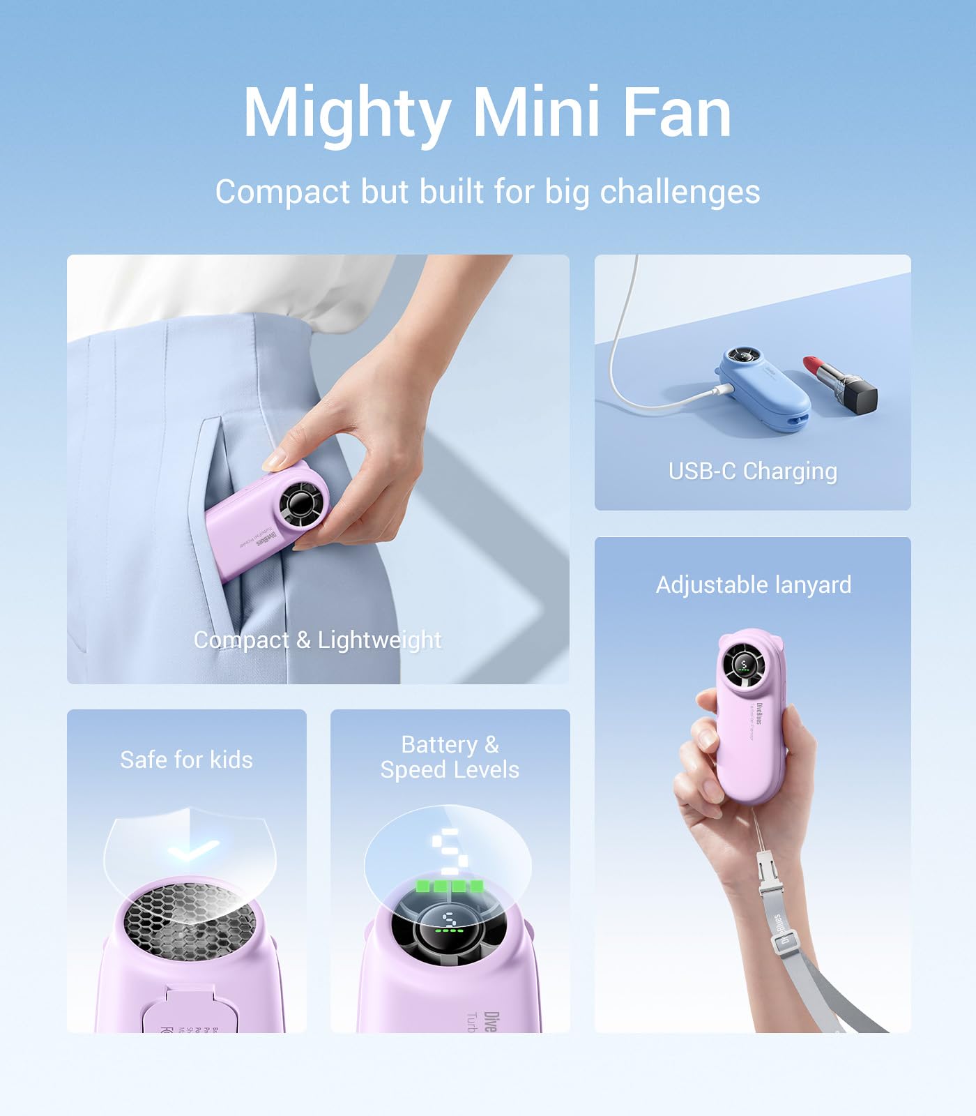 Diveblues TurboBear Mini Turbo Ventilatore, 8,8m/s Raffreddamento Veloce, 86,5g Ultraleggero, 5 Velocità, Batteria 2000mAh Ricaricabile, Compatto per Viaggi, Festival & Outdoor