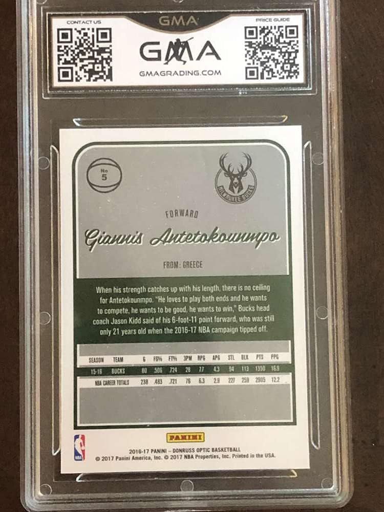 2016-17 Donruss Optic Basketball 1st Year of Optic #5 Giannis Antetokounmpo Milwaukee Bucks Graded GEM MINT GMA 10 Official NBA Trading Card by Panini America