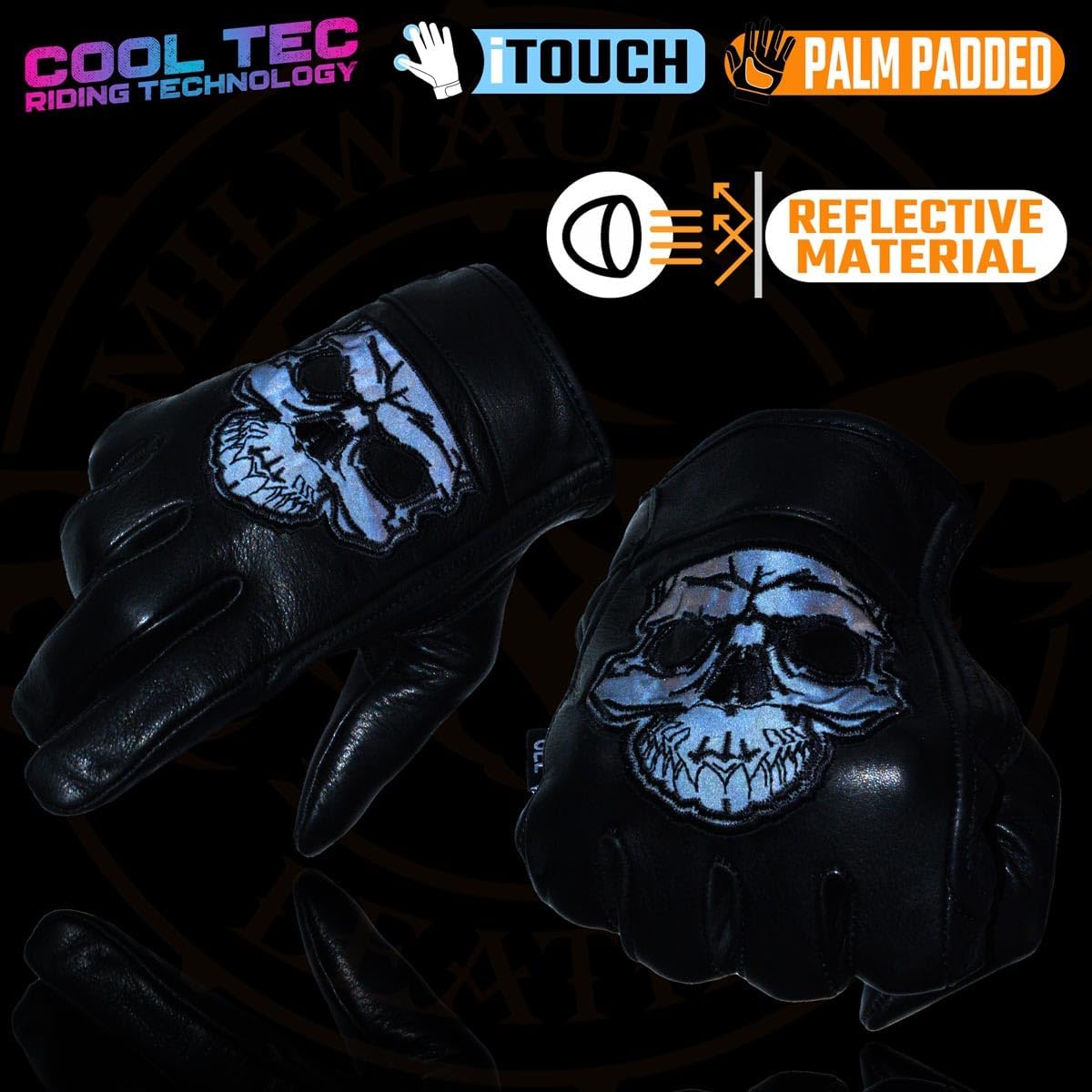 Milwaukee Leather MG7571 Men's Black ‘Col-Tec’ Leather ‘Reflective Skull’ Motorcycle Hand Gloves W/Gel Padded Palm