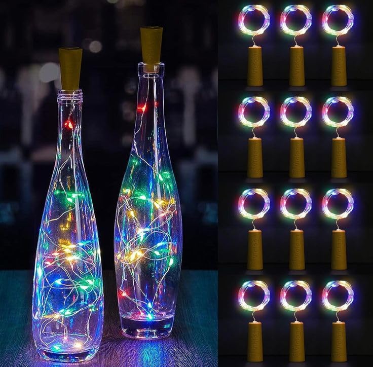 Image of LED Wine Bottle Cork Lights - 2M Copper Wire Fairy String Lights, Battery Operated DIY Decorative Lights for Bottles, Parties, Home, Weddings & Festive Decor - Yellow (2 Pc) (Multi)