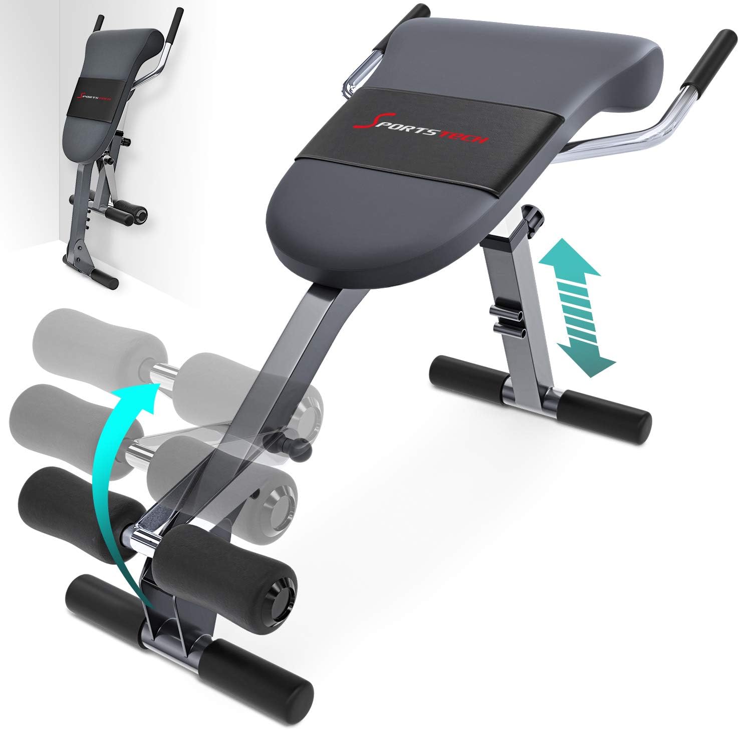 Sportstech Back and Abdominal Exercise Device Multifunctional 3-in-1 BRT200, Angled Folding Sit-up Bench Hyper Extension, Foldable, Home, Fitness, Exercise 5 Angles