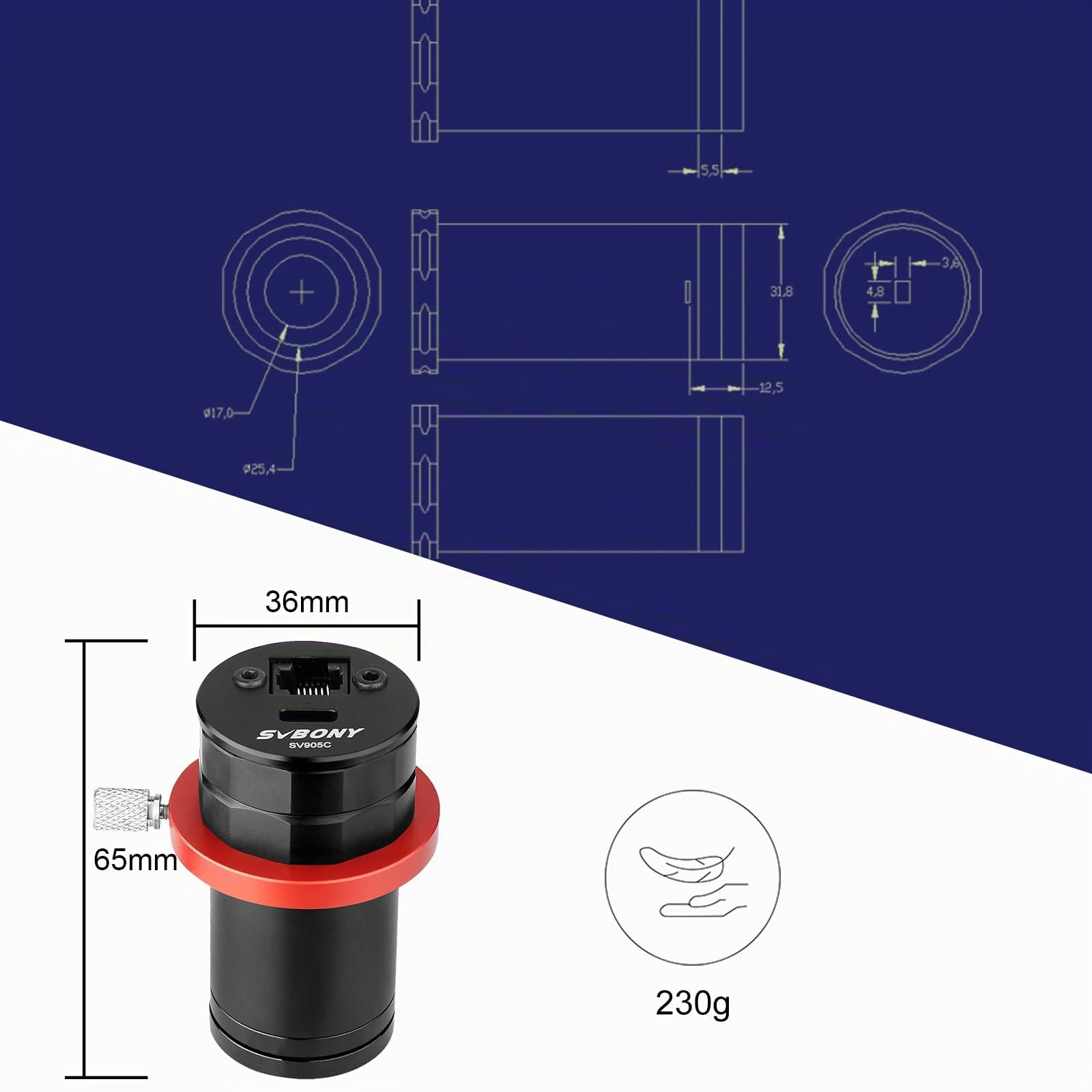 Svbony SV905C Teleskop Kamera, Autoguider Kamera 1,25'', 1,23MP CMOS CMOS-Sensor, USB2,0, ST4-Führungsschnittstelle, Teleskop Zubehör für Autonome Navigation und Astrofotografie