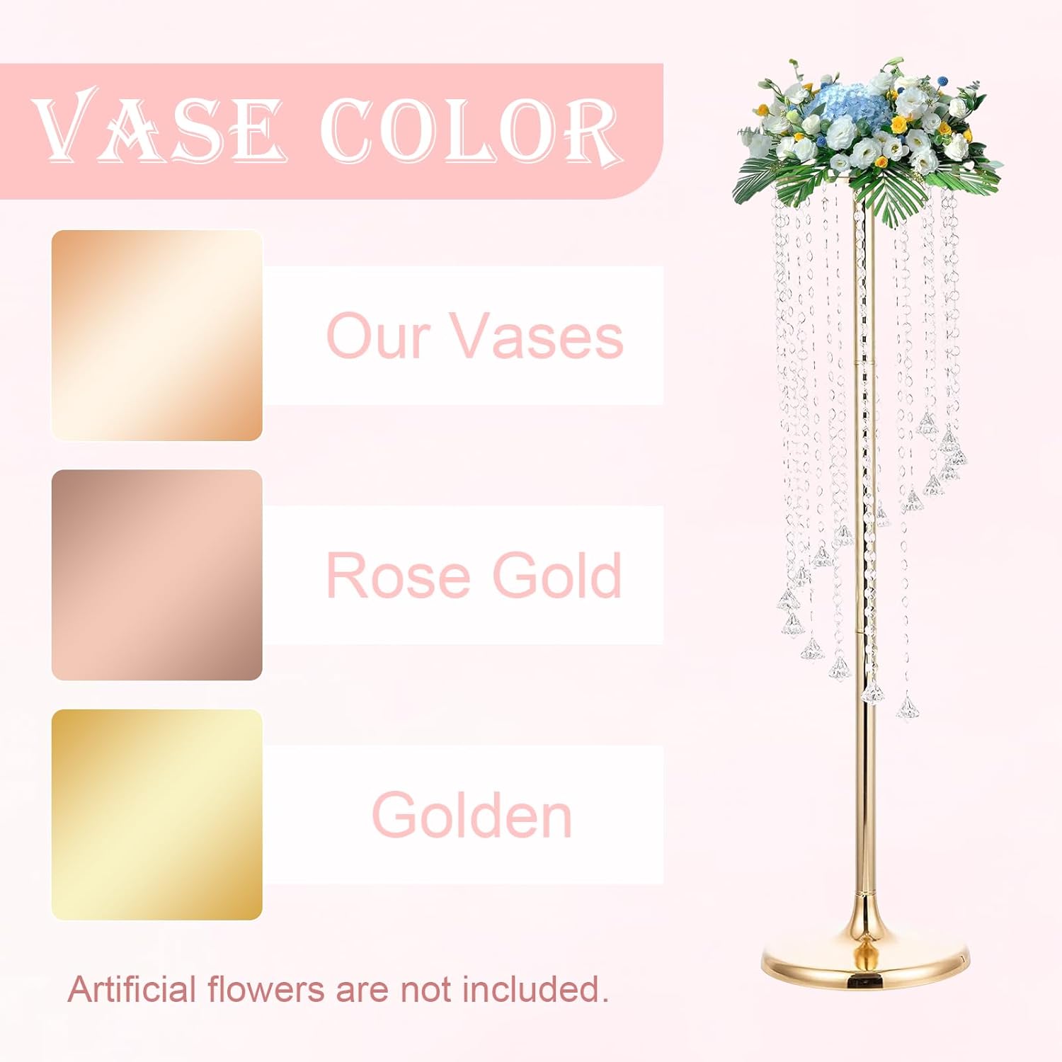 2 Pcs 35.4inch Crystal Flower Stand Wedding Centerpieces for Tables Metal Tall Tabletop Gold Metal Flower Arrangement Holder Bead Crystal Golden Vase for Party Wedding Birthday Decor