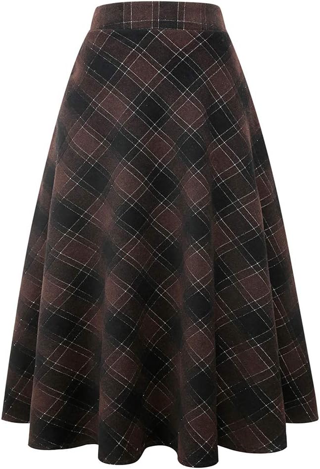 IDEALSANXUN Womens Plaid Wool Skirts Elastic Waist A-Line Pleated Tartan Long Skirts