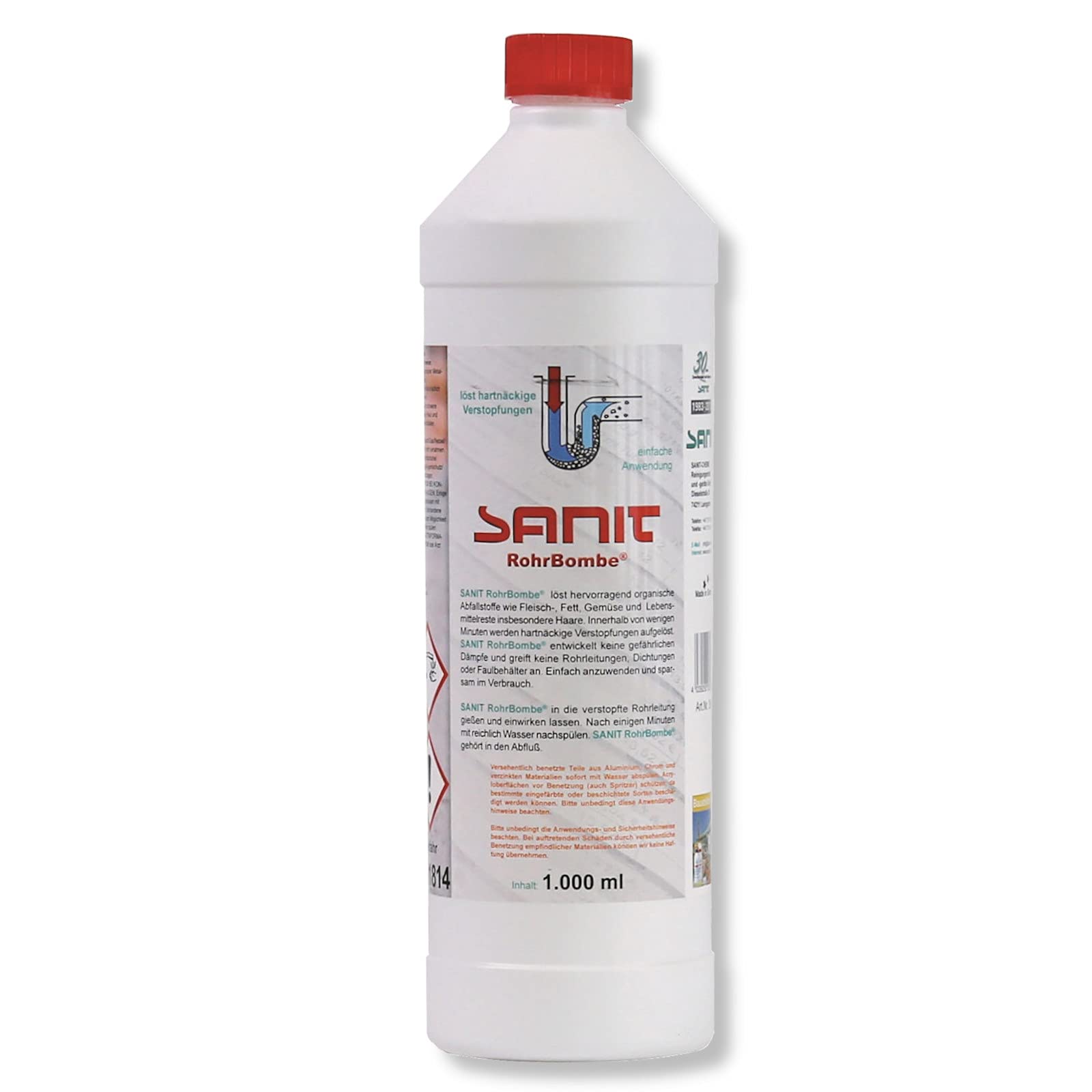 DEWEPRO-Set: SANIT RohrBombe und SANIT Rohrreiniger flüssig - je 1000ml - perfektes Set zum Lösen von Verstopfungen und anschließendem Reinigen - inkl. 1 St. DEWEPRO® Single Scrubs