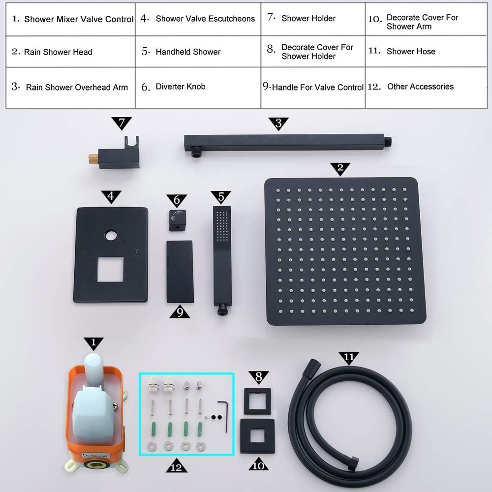 Amazon Crazy 🔥 Deals TNOMS Black Shower Faucets Sets Complete Luxury Shower Combo System With 12'' High Pressure Shower Head,Rough-in Valve Body and Trim Included, SA012BK Up To 40% OFF TNOMS Black Shower Faucets Sets Complete Luxury Shower Combo System With 12'' High Pressure Shower Head,Rough-in Valve Body and Trim Included, SA012BK