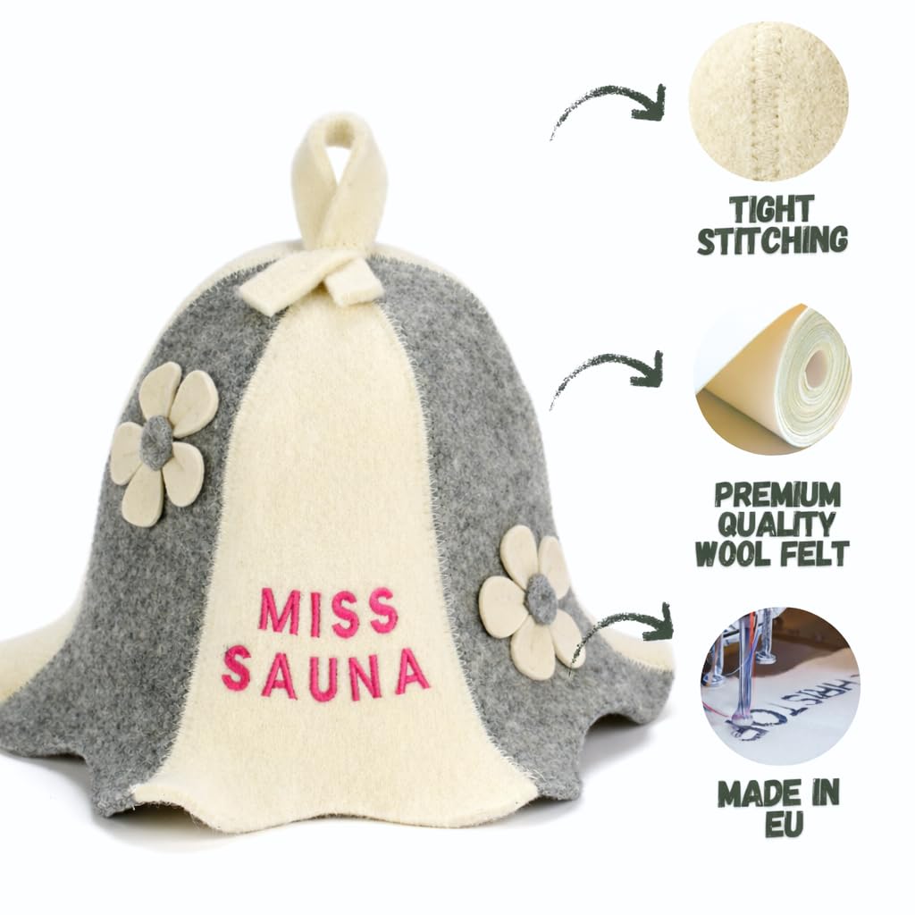 Chapeau de Sauna Miss Sauna Flowers Blanc/Gris 100% Feutre de Laine Biologique