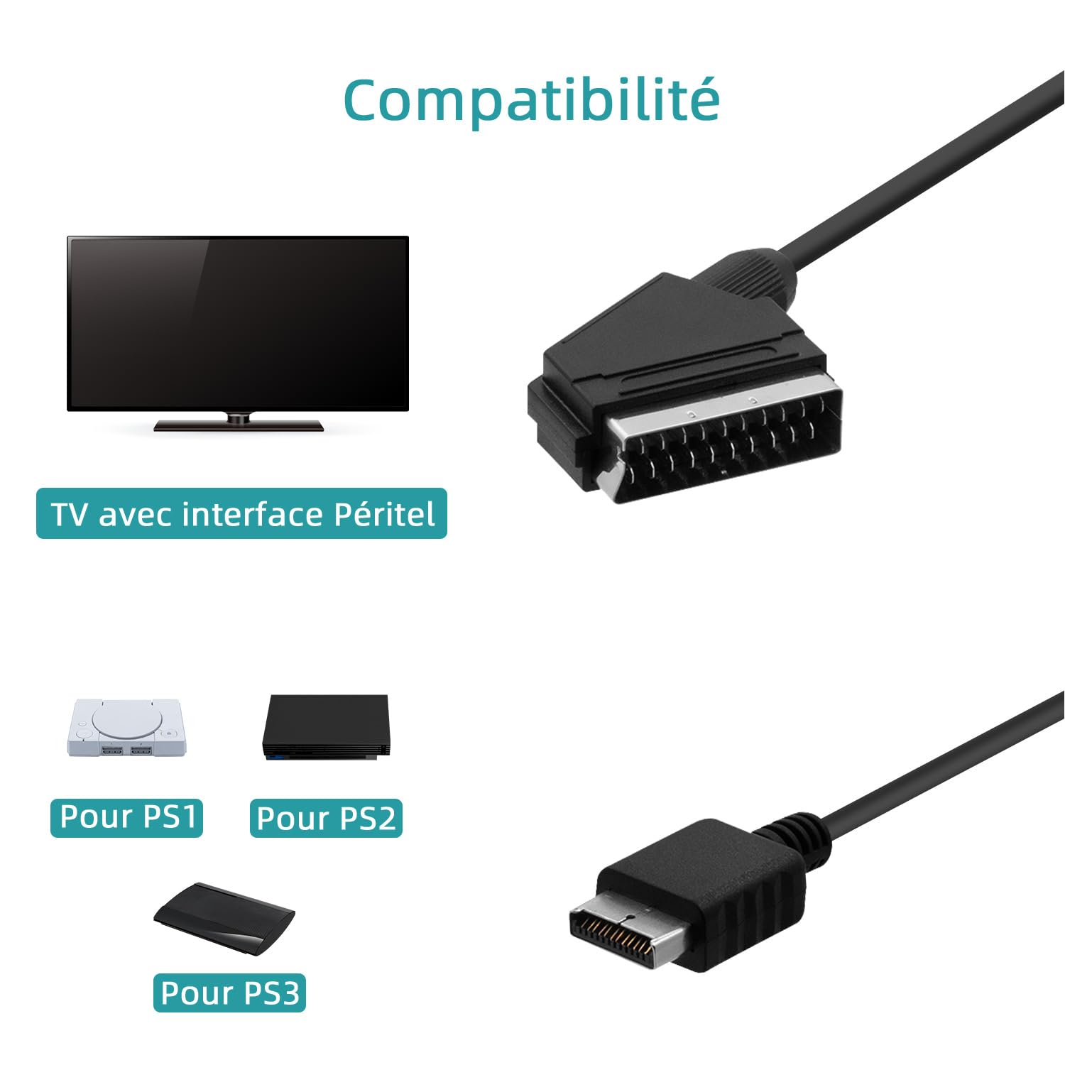 Mcbazel Câble SCART RGB AV Premium pour consoles PS1/PS2/PS3 PAL 180 cm, câble de conversion de signal vidéo de haute qualité - Non compatible avec les systèmes HDMI ou NTSC