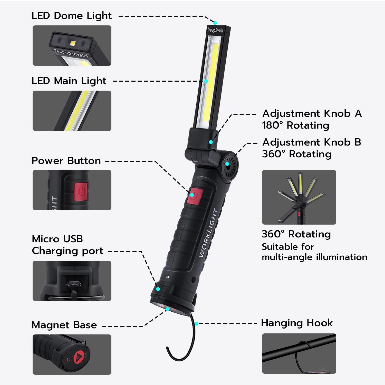 Lampa warsztatowa LED, składana, ładowalna latarka USB z 5 trybami świecenia, obracana o 360°, reflektor LED z magnesem i hakiem do naprawy samochodu na kempingu (2 sztuki)