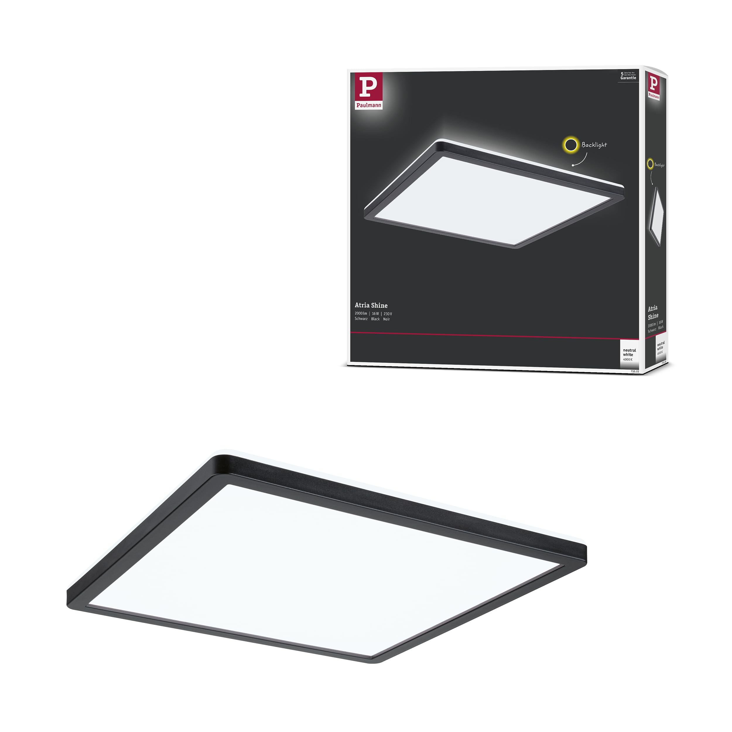 Paulmann 71015 LED Panel Atria Shine 293x293 mm Angular incl. 1x16 W Daylight White Black Light Panel Plastic Ceiling Panel 4000 K