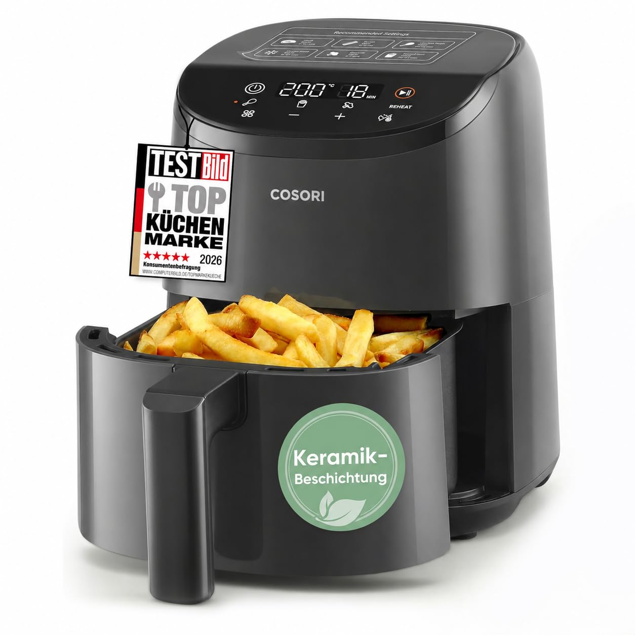 COSORI Frytkownica na gorące powietrze, mała, 2 l, mini Airfryer dla 1 osoby, idealna na kemping, w podróży i do kamperów, szybka, kompaktowa, bez oleju, energooszczędna, jasna czerń