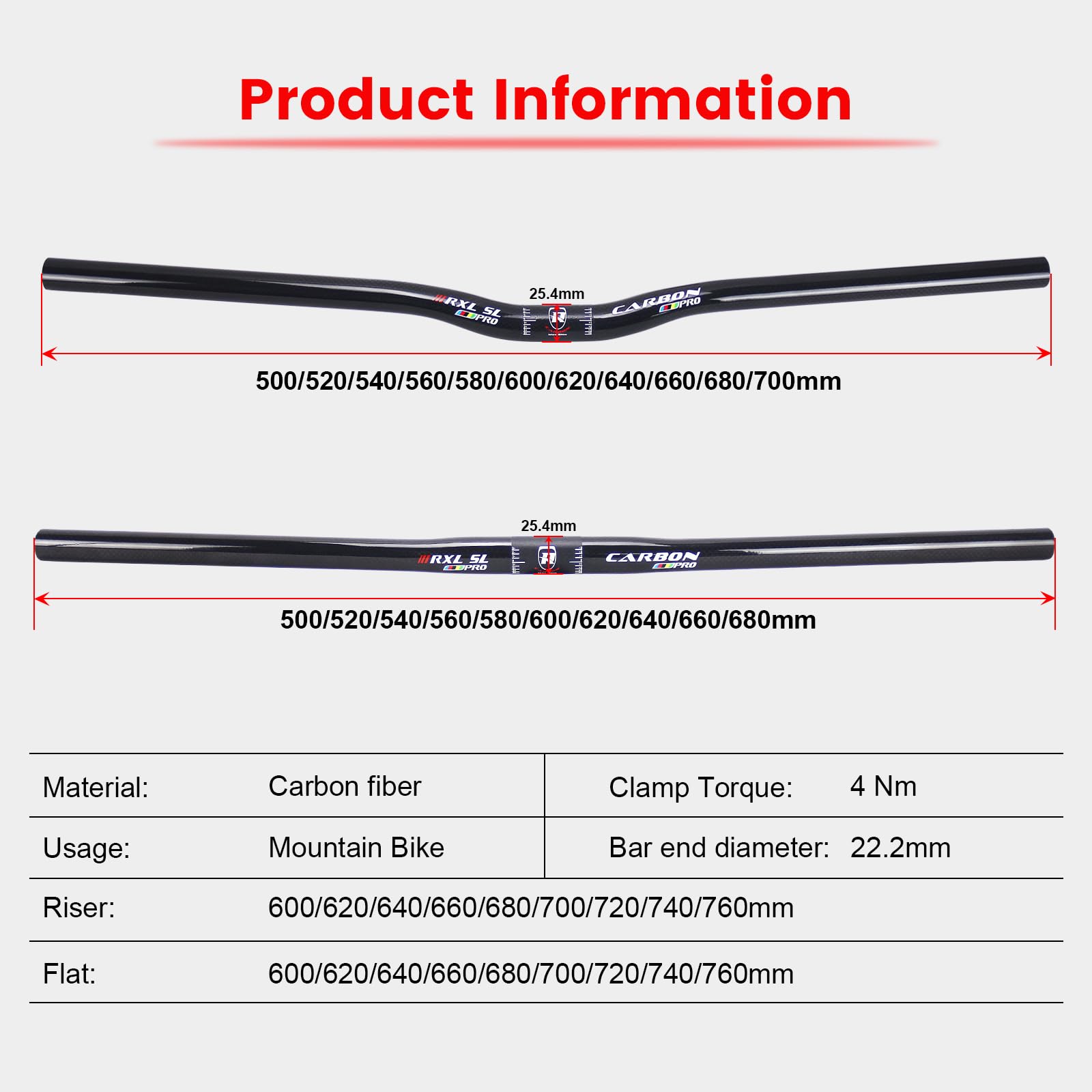 RXL SL guidon carbone velo 25.4mm noir 3k brillant vtt guidon 700mm