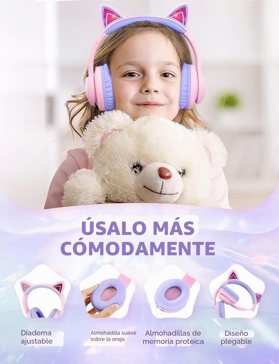 iClever Auriculares Bluetooth para Niños, BTH13 Cat Ear LED Light Up Kids Auriculares Inalámbricos, 50H Playtime, 74/85/94dB Limitación de Volumen, con Micrófono sobre la Oreja