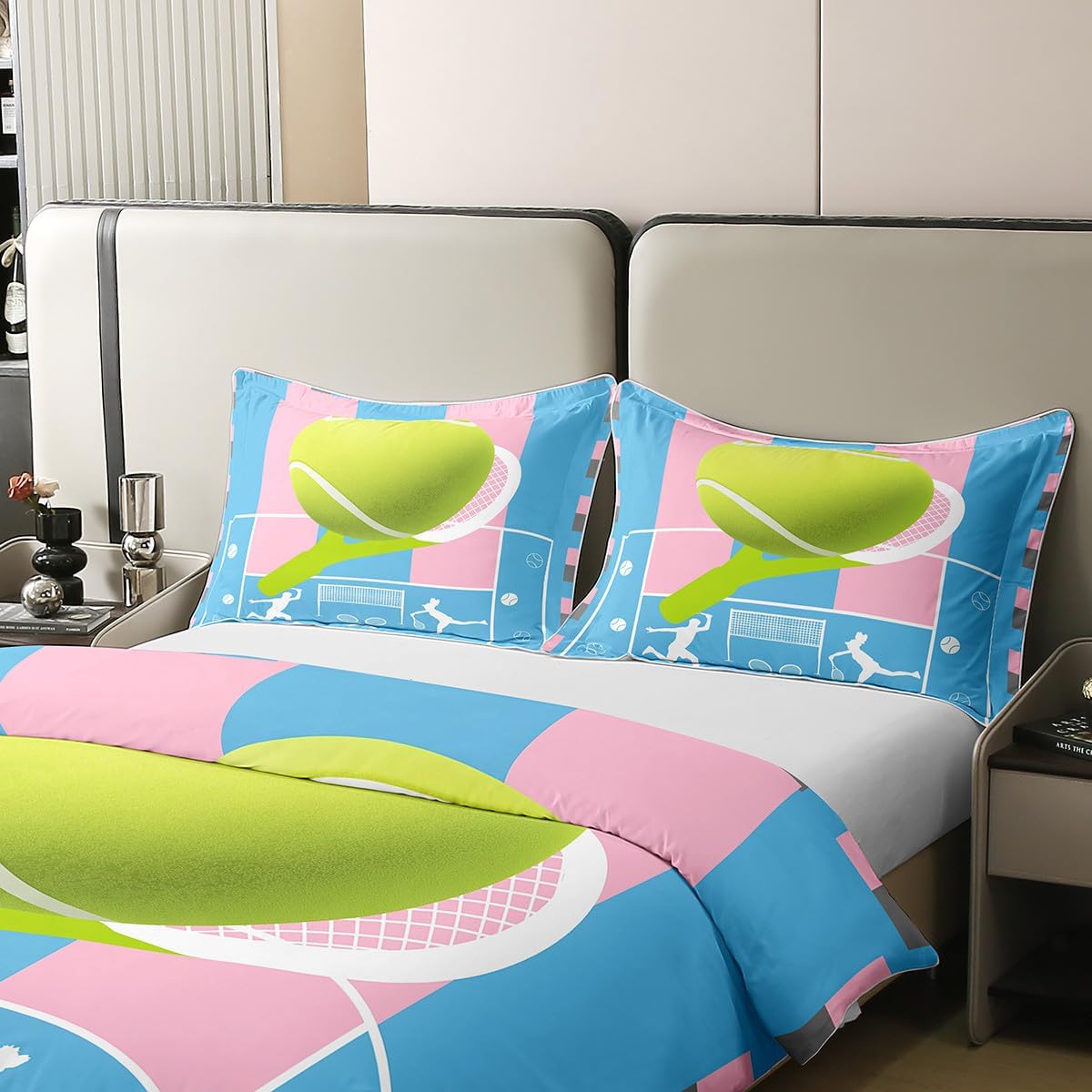 Manfei Tennis Full Size Cotton Duvet Cover,Fashion Sports Game Player Silhouette Quilt Cover(No Filler),Tennis Court Sporting Field Geometric Blue Pink Comforter Cover for Kids Adults Bedroom