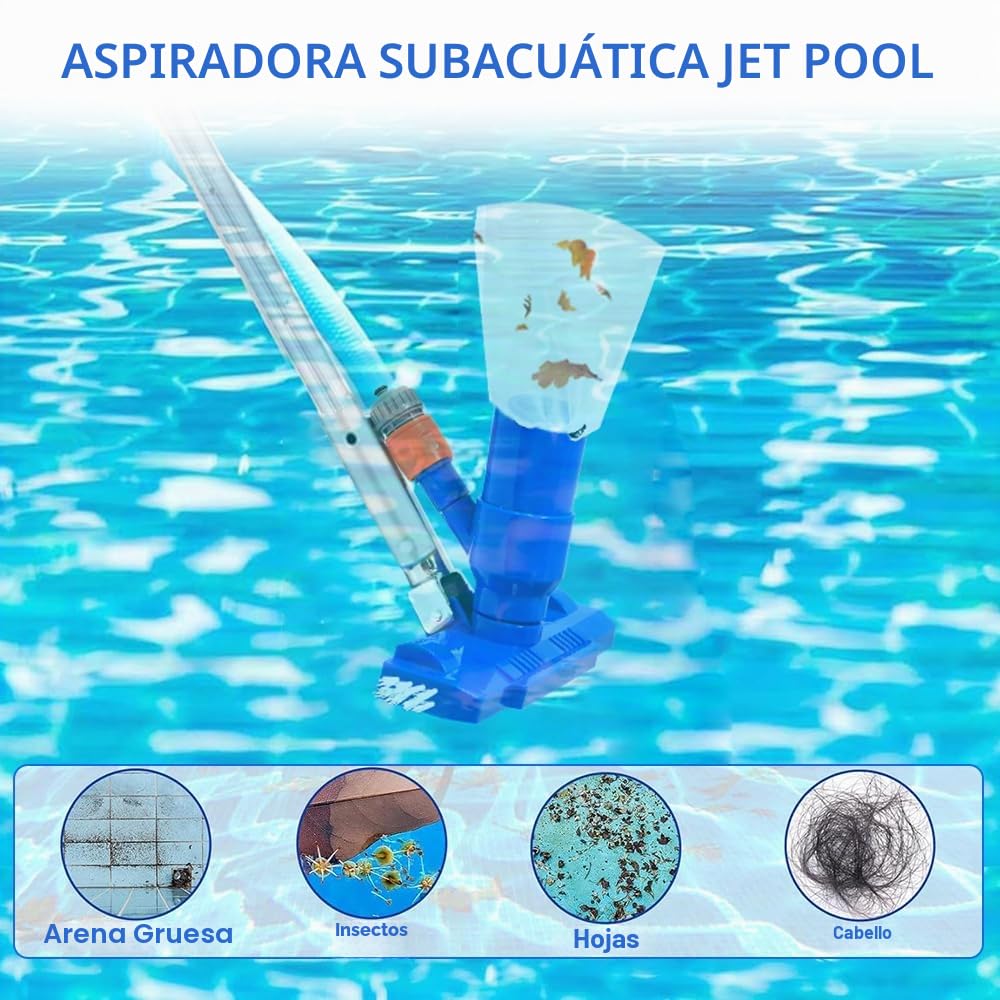 Limpiador Piscina Fondo,Aspirador Piscina,Kit Mantenimiento Piscina,Lncluye 6 Varillas Reforzadas-Conexión de hasta 2,1 M de Longitud-para Piscinas, Fuente, Hidromasaje