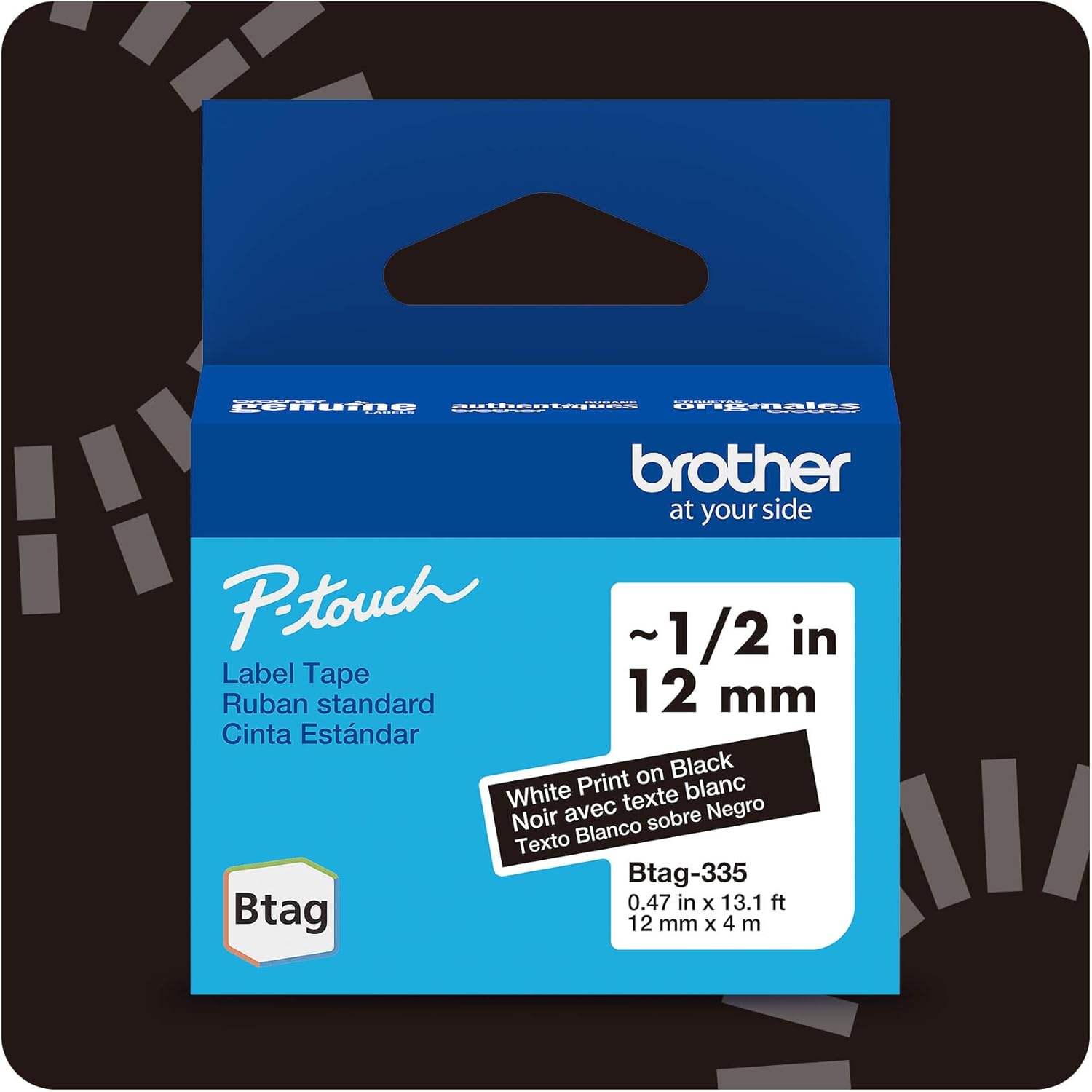 Brother Genuine P-Touch Btag BTAG335 White on Black Label Tape ~1/2in by 13.1ft (12mm x 4m)