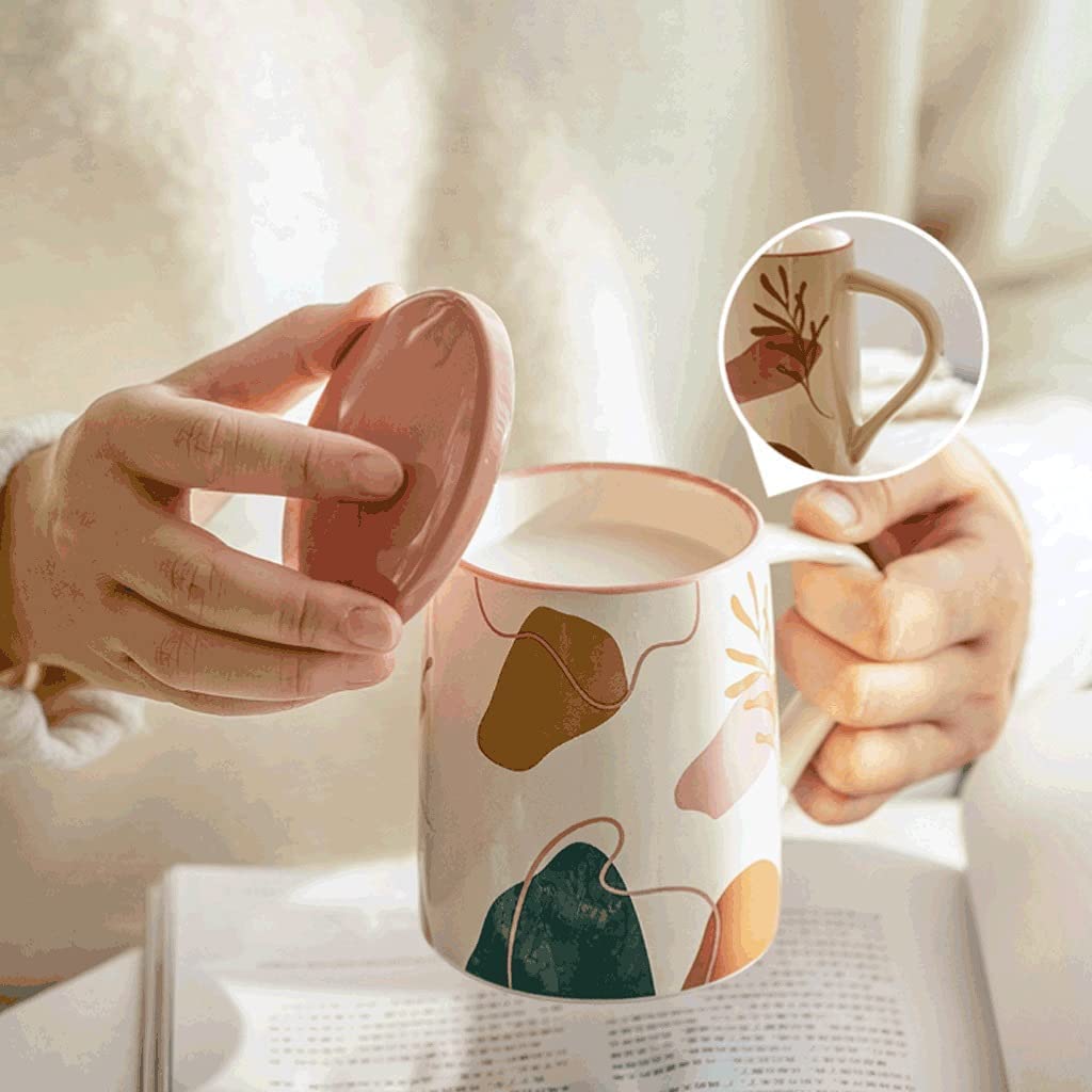 Taza de Café de Té Taza De Café Con Tapa, Tazas Creativas De Cerámica Para Bebidas Calientes Con Asa, 14,1 OZ, Taza Para Beber En El Microondas para té de la tarde(B)