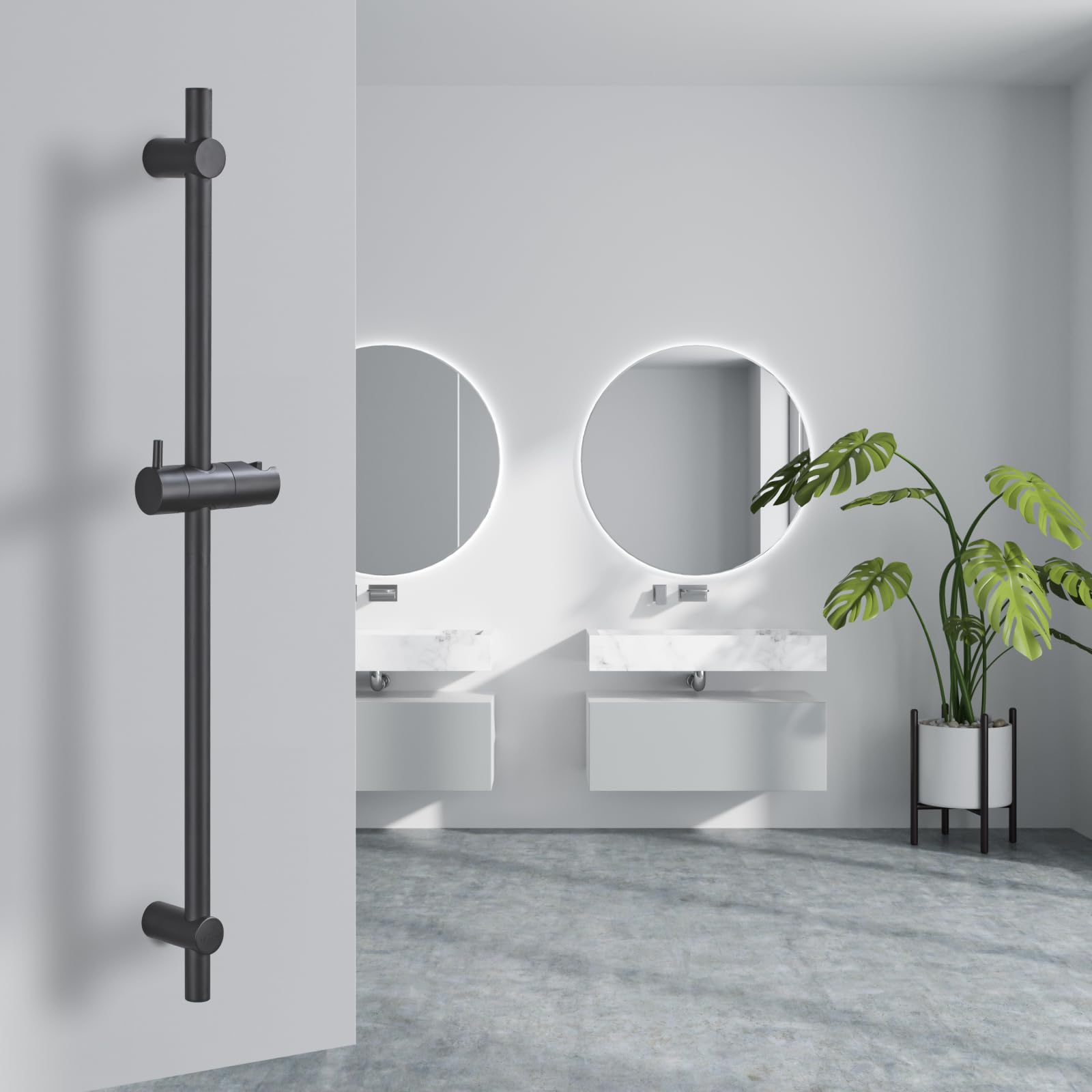 Barre de Douche 90cm en Acier Inoxydable, Support de Pommeau Réglable à 360°, Fixations Murales Variables pour S'adapter aux Trous Existants, Noir
