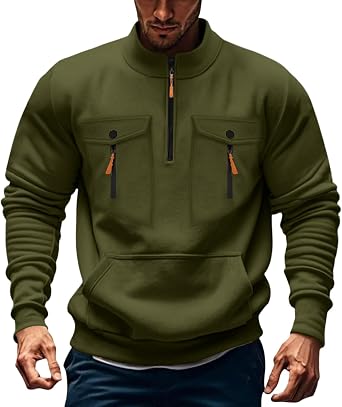 CRNTCEM Mens Quarter Zip Cargo Pullover Soft Fleece Lined Basic Sweatshirts Winter Mock Neck Military Warm Tops Big And Tall
