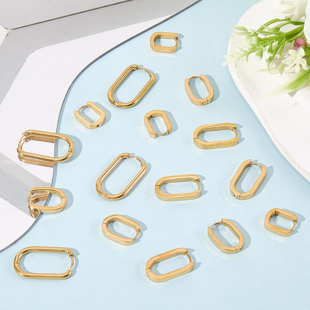 SUNNYCLUE 1 Box 8 works 4 Styles Huggie Earrings Stainless Steel Oval Hoop Earrings Golden Chunky Trendy Real 18K Gold Plated Hoop Findings for Jewellery Making Huggie Ear Rings DIY Crafts Women - Image 3