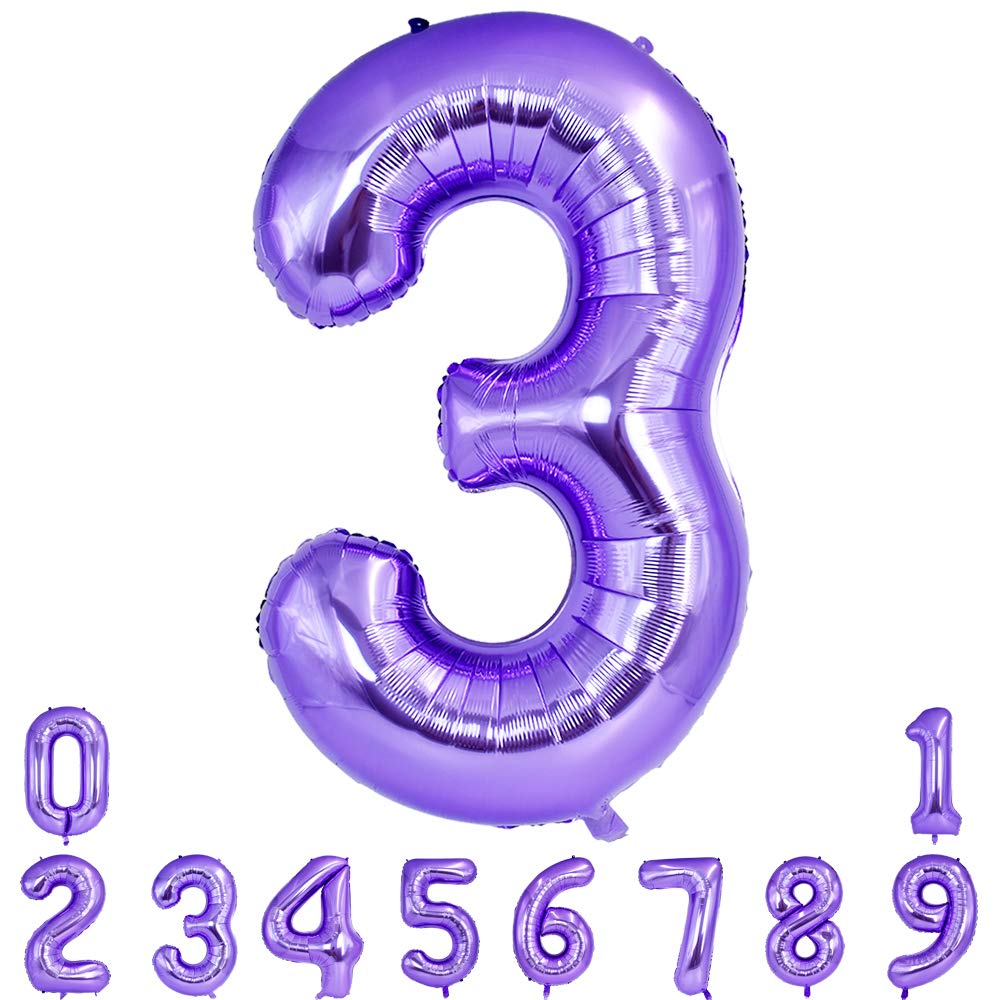 TONIFUL 40 Inch Purple Large Numbers Balloon 0-9 Birthday Party Decor,Foil Mylar Big Number Balloon Digital 3 for Birthday Party,Wedding, Bridal