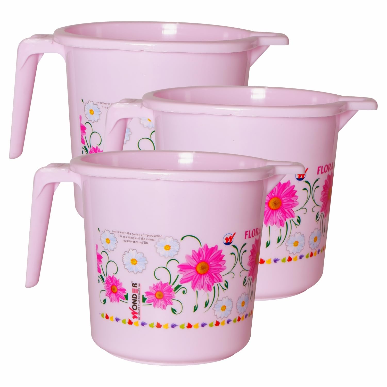 Wonder Homeware Dyna 1000 Printed Bathroom Mug with Floral Print, Strong Plastic Material,for use in Bathroom, Kitchen, Laundry, Garage,Pack of 3, 1 Liter,Blue Color (Pink)