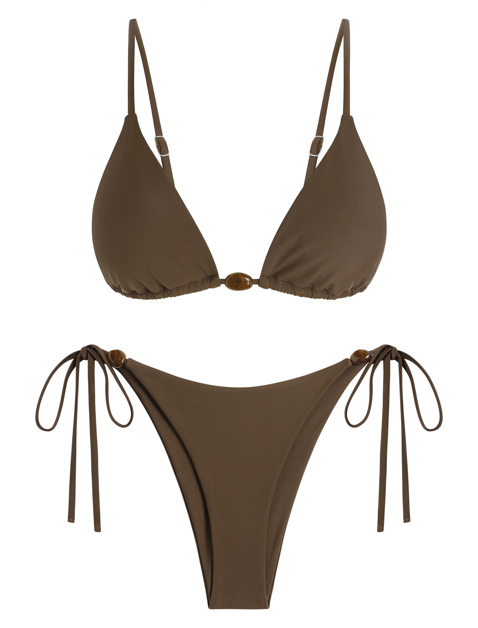 ZAFUL Womens Sexy Halter Bikini Sets Beads Tie Side Solid Triangle Thong Swimsuit Two Piece Cheeky Bathing Suits