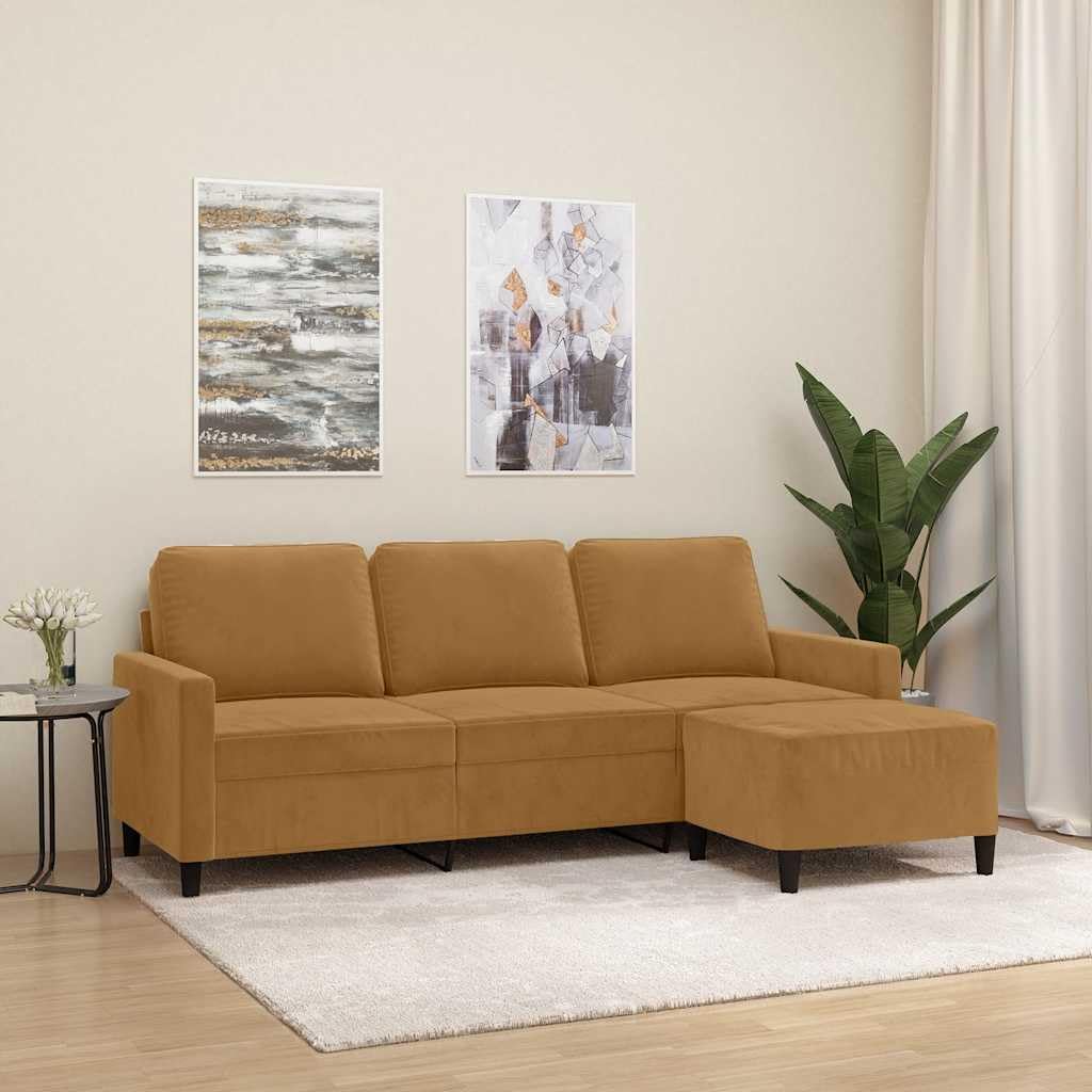 Sofa 3-osobowa z taboretem, brązowa, szerokość siedziska 180 cm, aksamitne pokrycie, wytrzymały metalowy stelaż, wygodne doświadczenie siedzenia do salonu