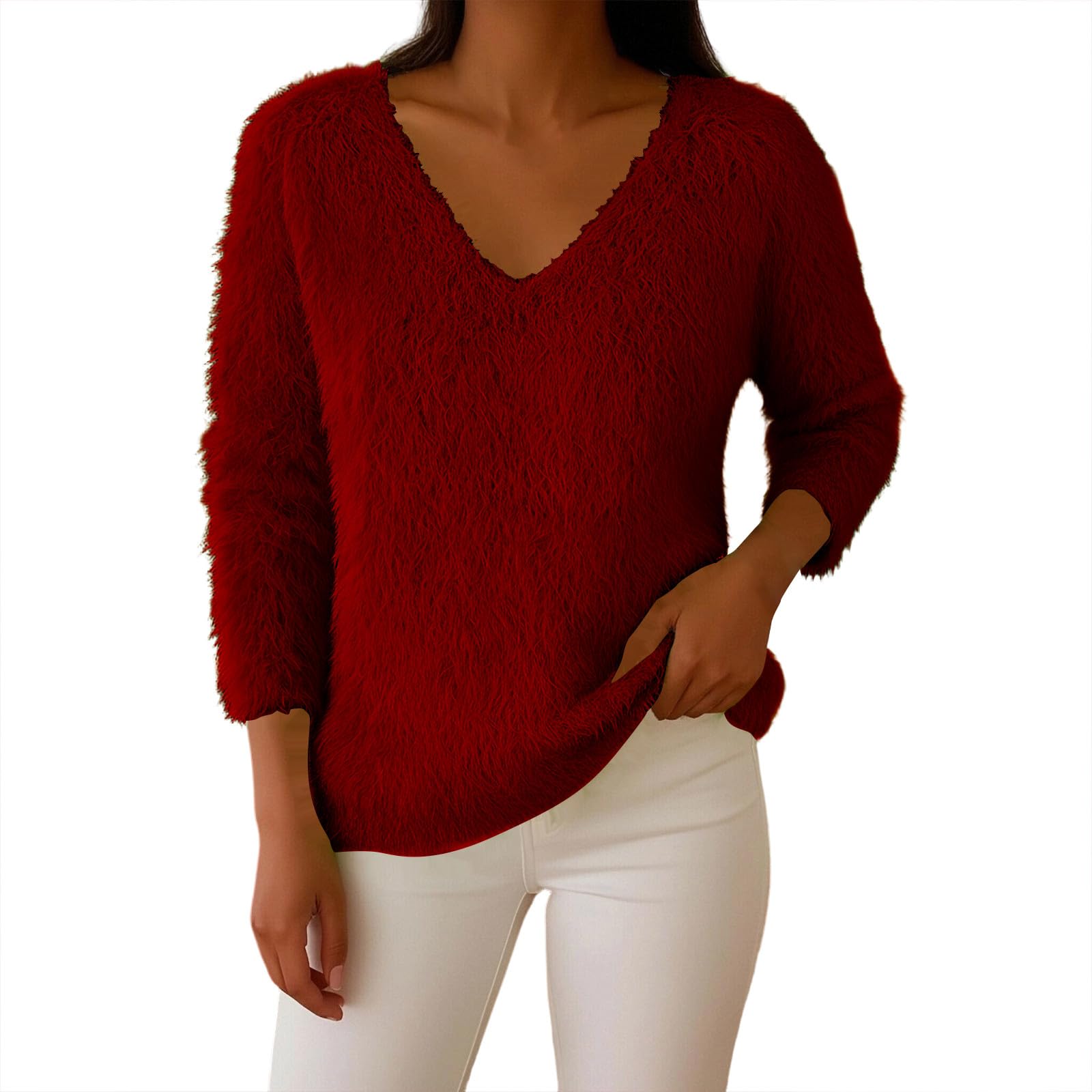 Womens Cute Cozy Sweaters Casual V Neck Fleece Fuzzy Pullover Long Sleeve Chunky Thermal Sweater Winter Clothes 2025