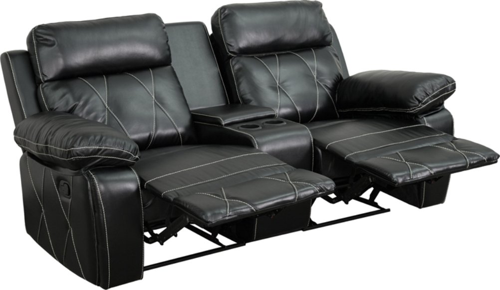 Flash Furniture Reel Comfort Series 2-Seat Reclining Black LeatherSoft Theater Seating Unit with Straight Cup Holders
