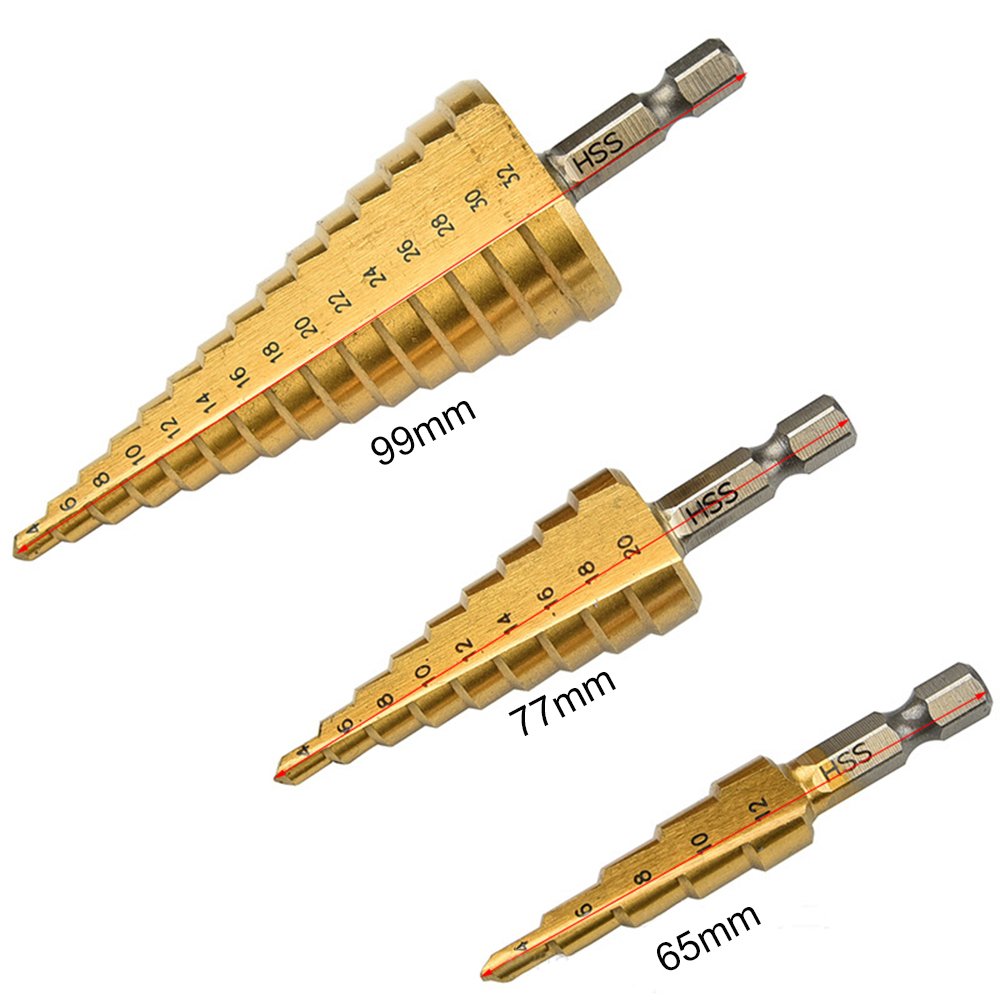 HSS - Juego de brocas de acero de alta velocidad con revestimiento de titanio para taladro de cono hexagonal para hoja de madera, metal y acero inoxidable (4-12/20/32 mm) (3 unidades)