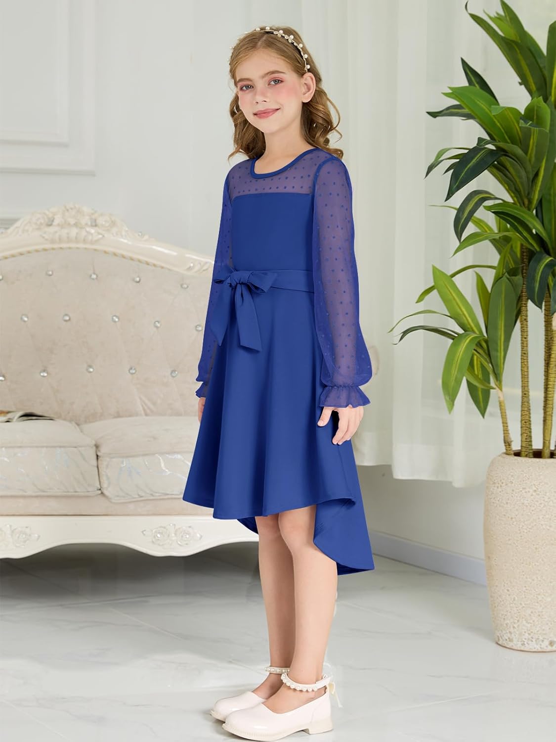 Girls Dresses Puff Long Sleeve Mesh A Line Casual Formal Party Dresses Belted Dress with Pockets 5-14 Years - Image 5
