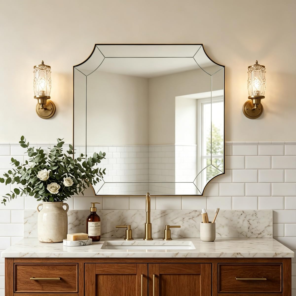 Photo 1 of MOON MIRROR 30"x30" Square Bathroom Mirror, Gold Vanity Mirrors for Over Sink, Gold Scalloped Mirror with Glass Pieces, Brass Mirror with Designer-Crafted Notched Corners, Ideal for Home Remodel