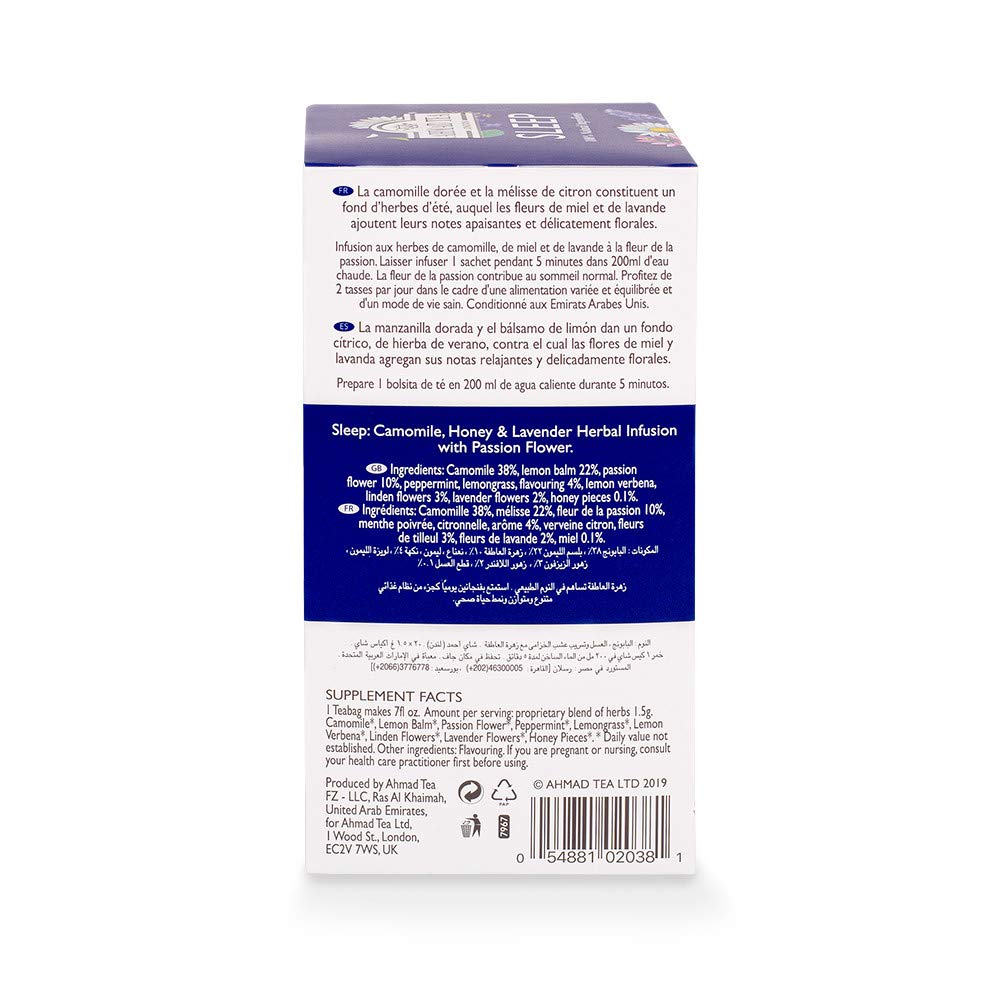 Ahmad Tea Herbal Tea, Camomile, Honey, & Lavender 'Sleep' Natural Benefits Teabags, 20 ct (Pack of 6) - Decaffeinated & Sugar-Free : Everything Else