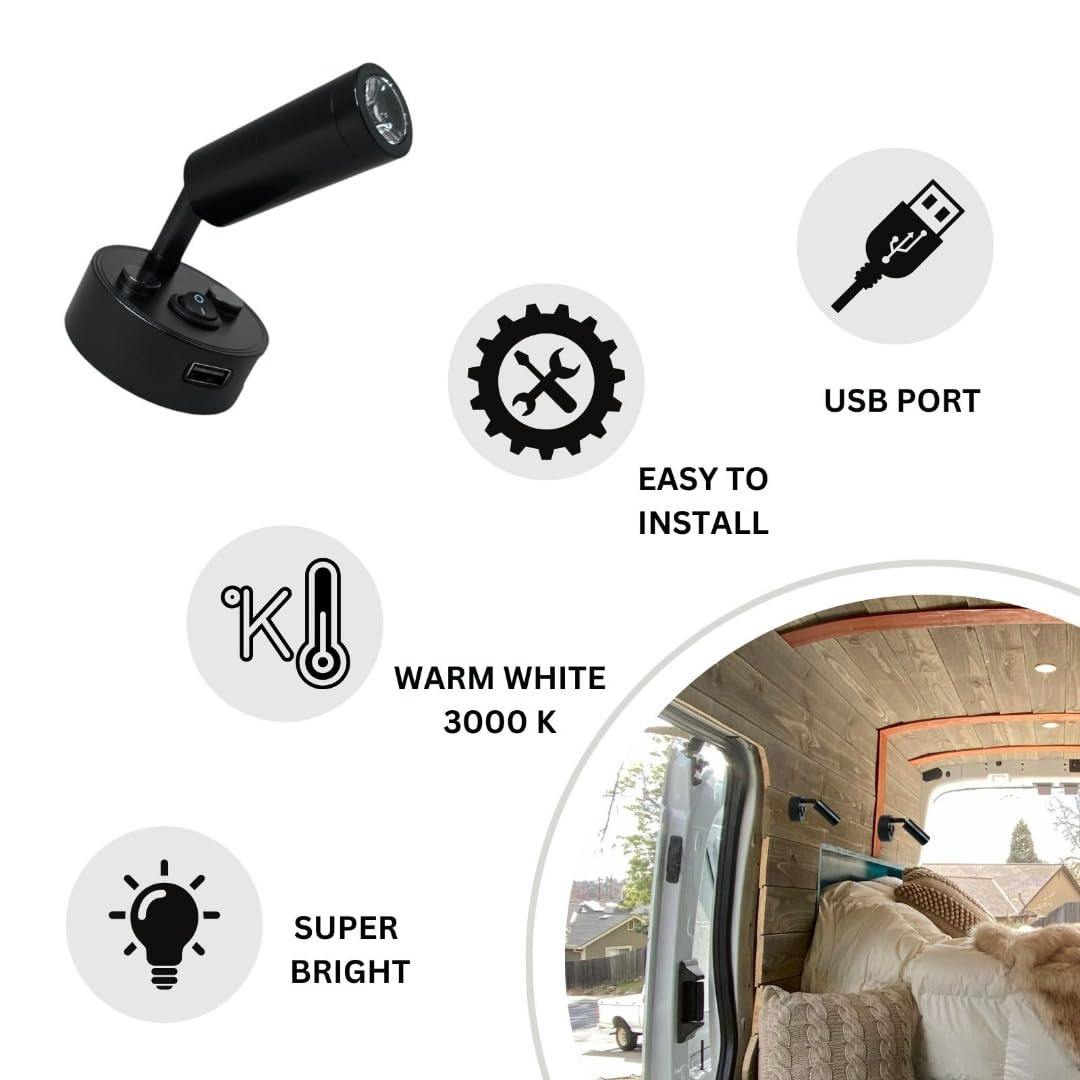 Marvix Confezione da 2 Luci di Lettura LED 12V 24V, 3000k Bianco Caldo, con Porta di Ricarica USB, Lampade Nere per Roulotte, Camper, Caravan e Barca