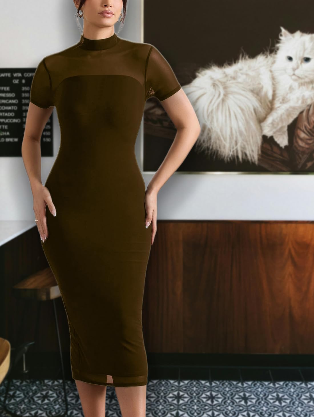 Women's Casual Mesh Short Sleeve Bodycon Mock Neck Keyhole Back Slim Club Party Midi Dresses - Image 8