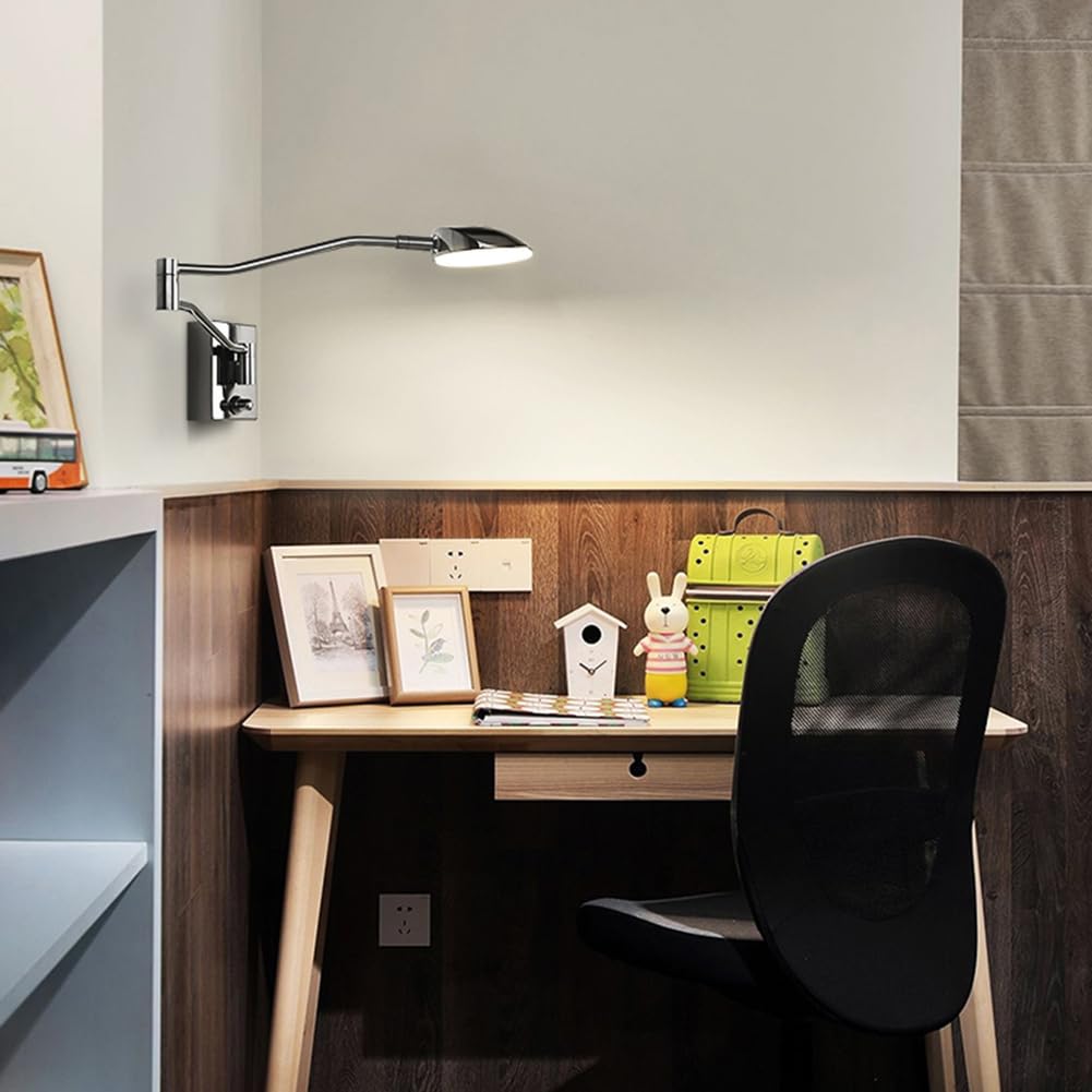 AoLa LED Wandleuchte Verstellbarer Lange Arm mit Schalter und Kabel, 9.5W Dimmbar Nachttischlampe Modern Wandlampe mit Stecker, Metall Wand Leselampe für Schlafzimmer Study, 4000K Warmweiß,Schwarz