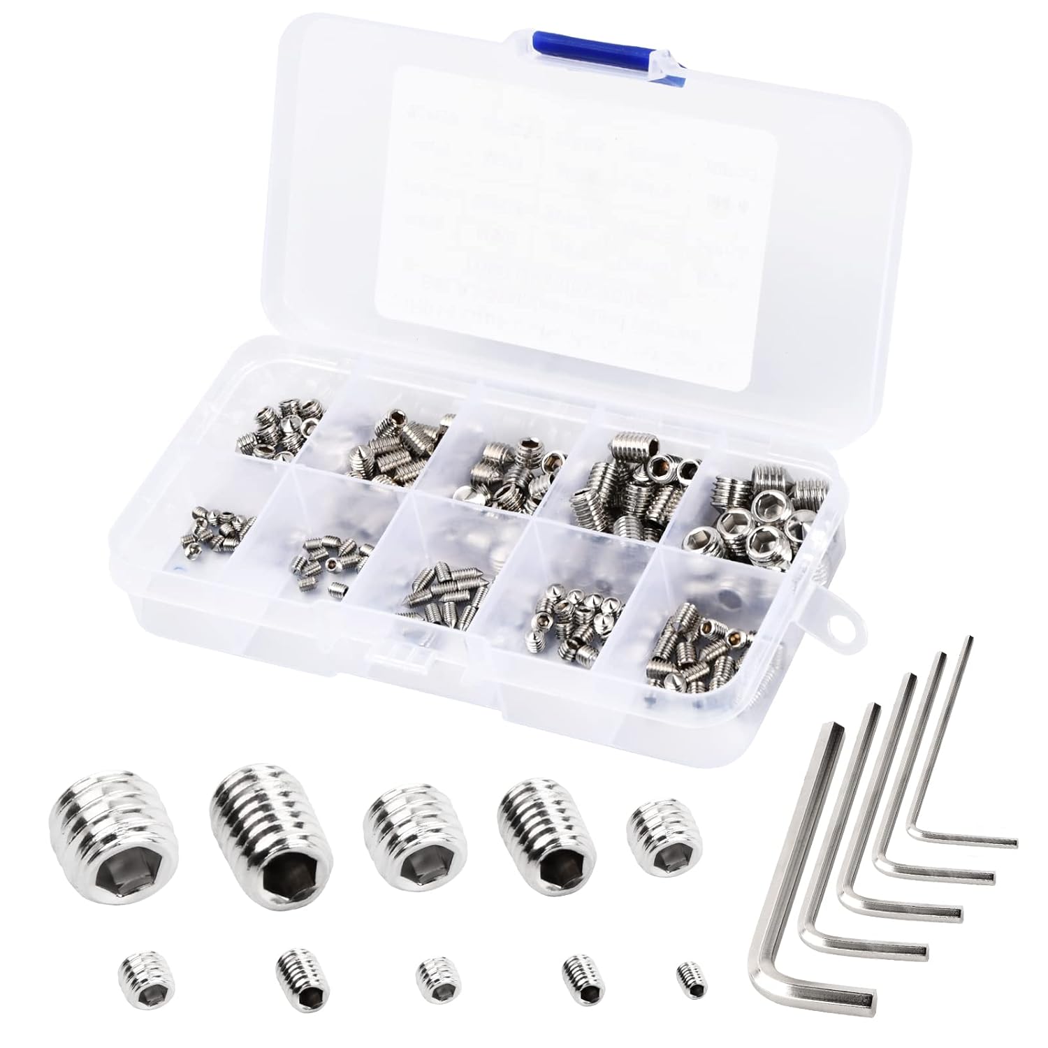 200 Pcs Stainless Steel Cone Point Screw, Mixed Hex Head Grub Screws