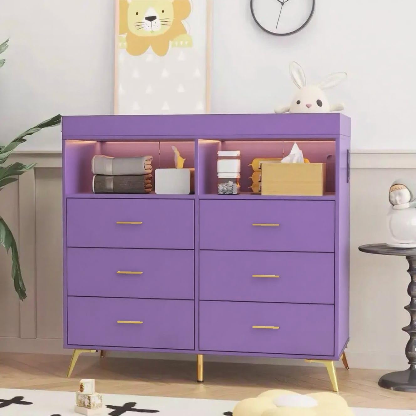 Jojoka Nursery Changing Table Dresser with LED Lighting and Charging Function, 6 Drawer Storage Dresser with 2 Open Compartments, Convertible Baby Diaper Station for Nursery and Bedroom Use