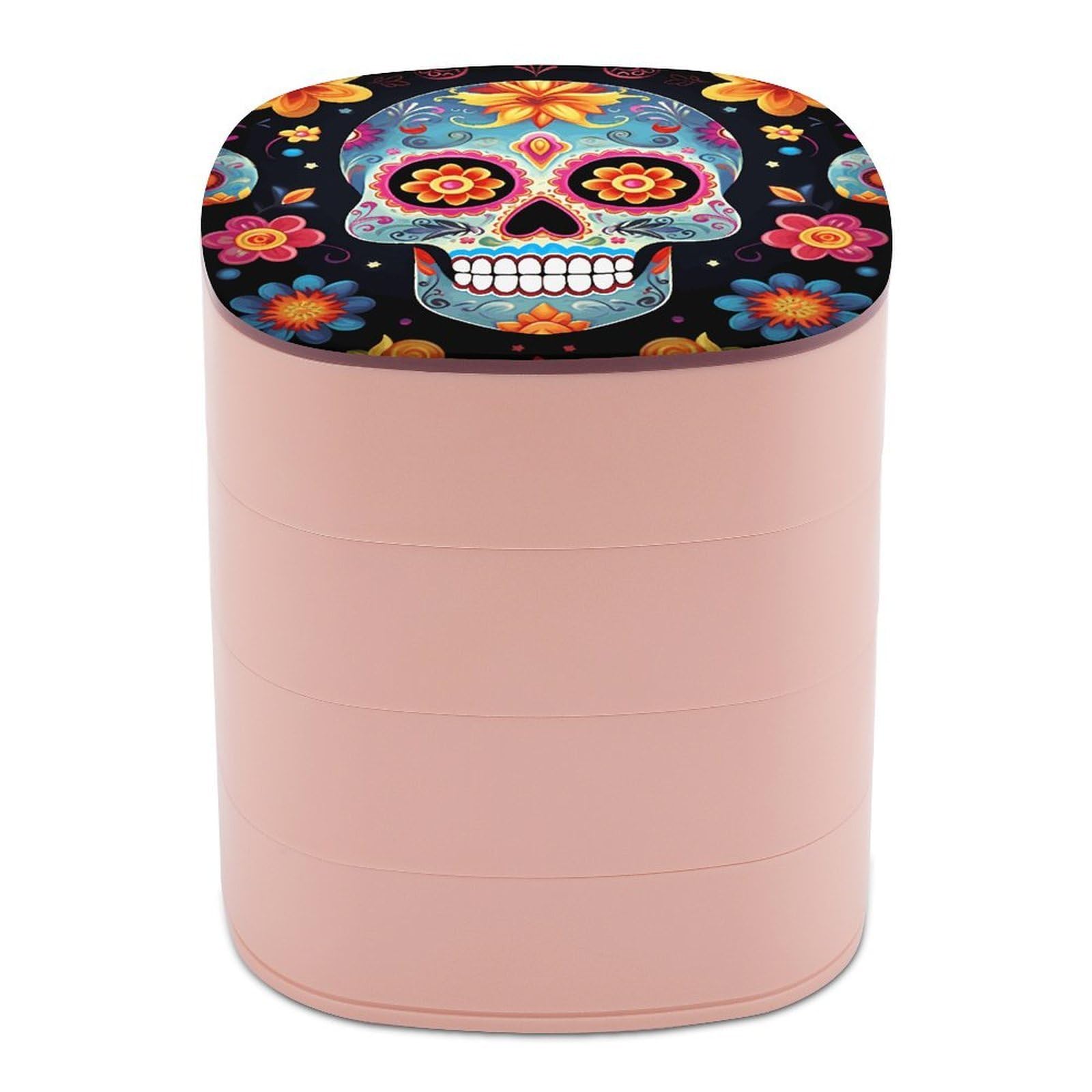 VstaDank 360° Rotating Sugar Skulls Jewelry Box, Multi-Layer Large Capacity Jewelry Organizer for Earrings Necklaces Rings, Dustproof Desktop Storage Case for Women