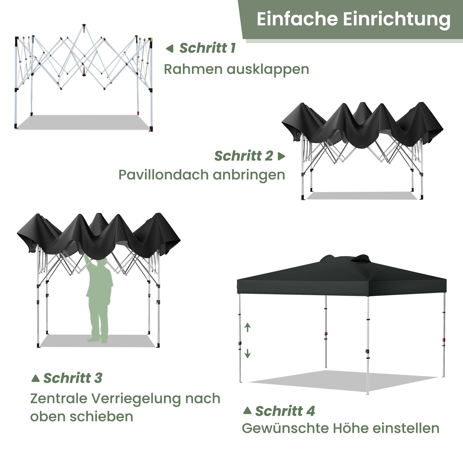 GVDV Pavillon 3x3 Pop Up Wasserdicht mit 4 Seitenteilen, Rollentasche | UPF 50+, PU-beschichtetes Dach, Dachlüfter, höhenverstellbar, inkl. Gewichte, Heringe und Abspannseile, Winterfest, Schwarz