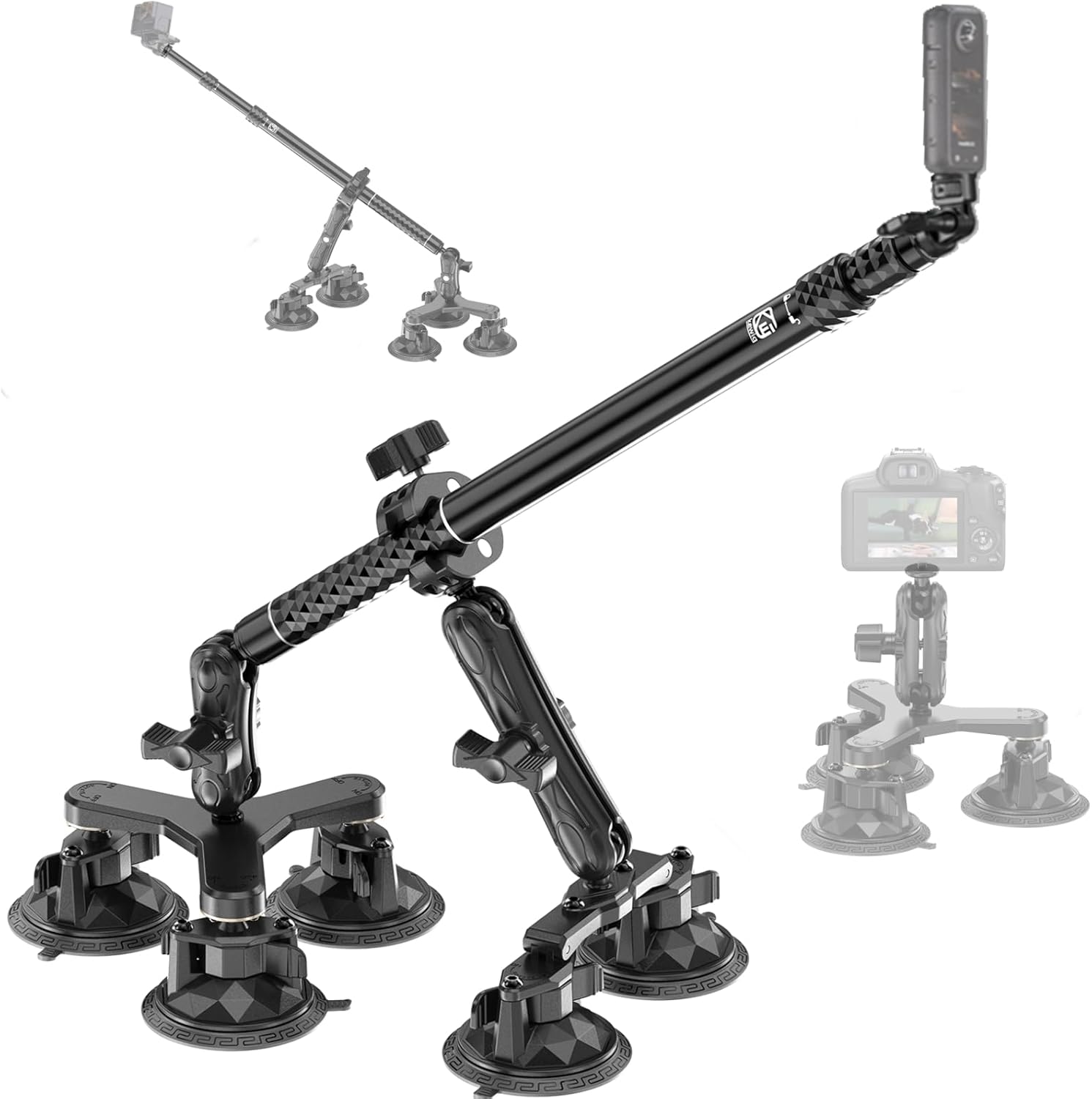 BRCOVAN Suction Cup Car Camera Mount with Metal Extendable Selfie Stick for DJI OSMO Insta 360 Camera, Adjustable Action Camera Car Mount Compatible with GoPro Max Fit for Bike Motorcycle Boat Truck