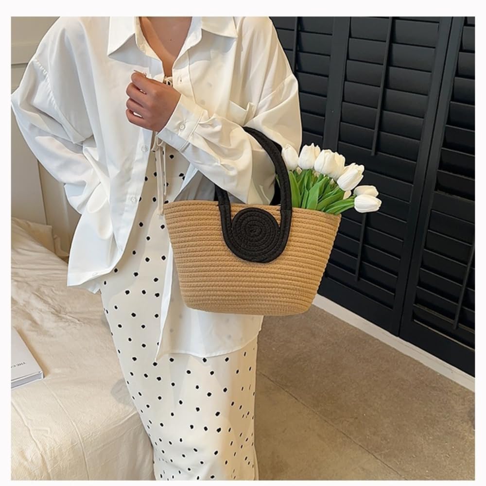 Bolso tejido para mujer, bolso de mano de cuerda de algodón vibrante, elegante, grande, para mujer, elegante bolso de mano y bolso de hombro