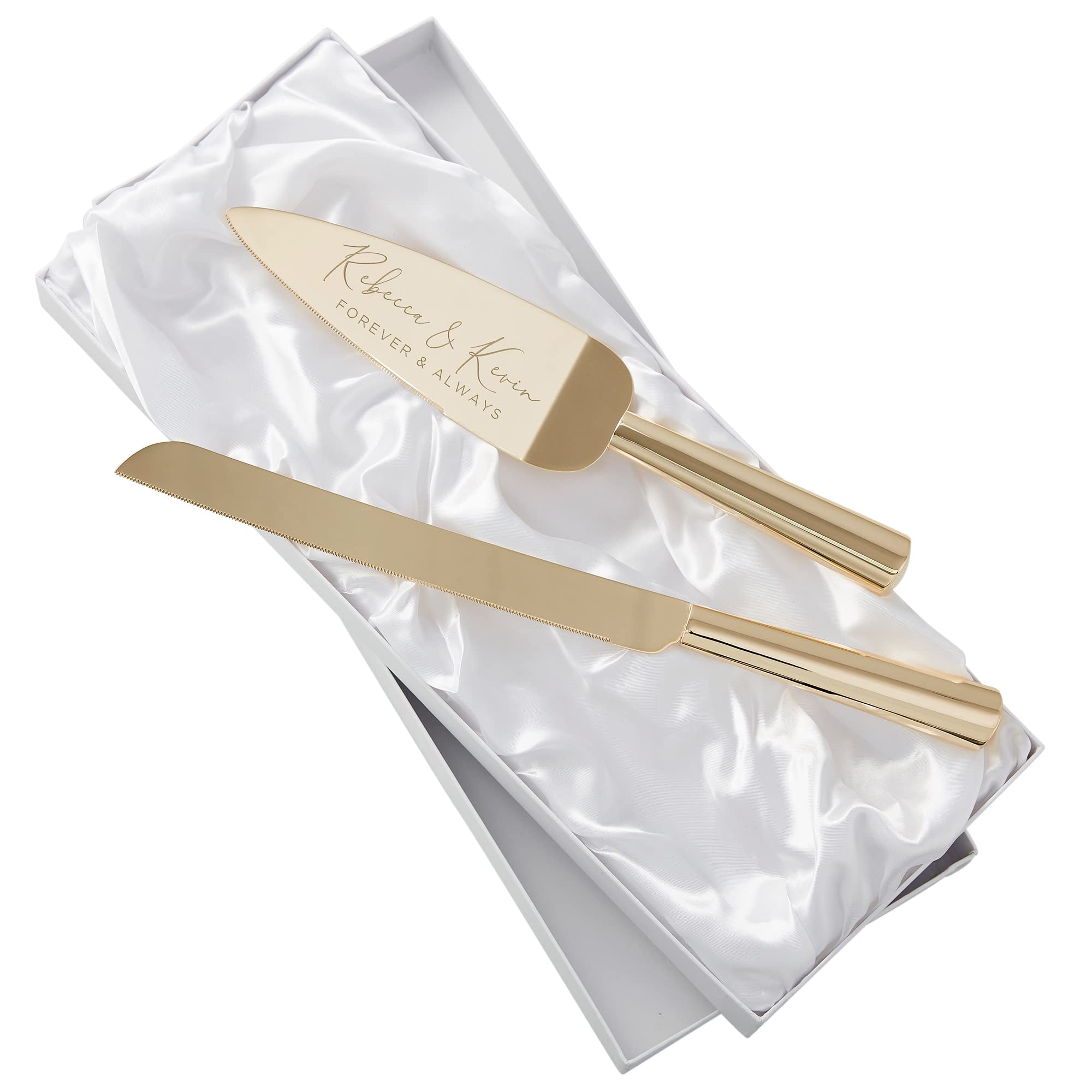 Personalization Universe Elegant Gold Wedding Couple Cake Knife & Server Set with Engraved Names and Message, Cake Cutting and Serving Set, Bridal Shower Gift