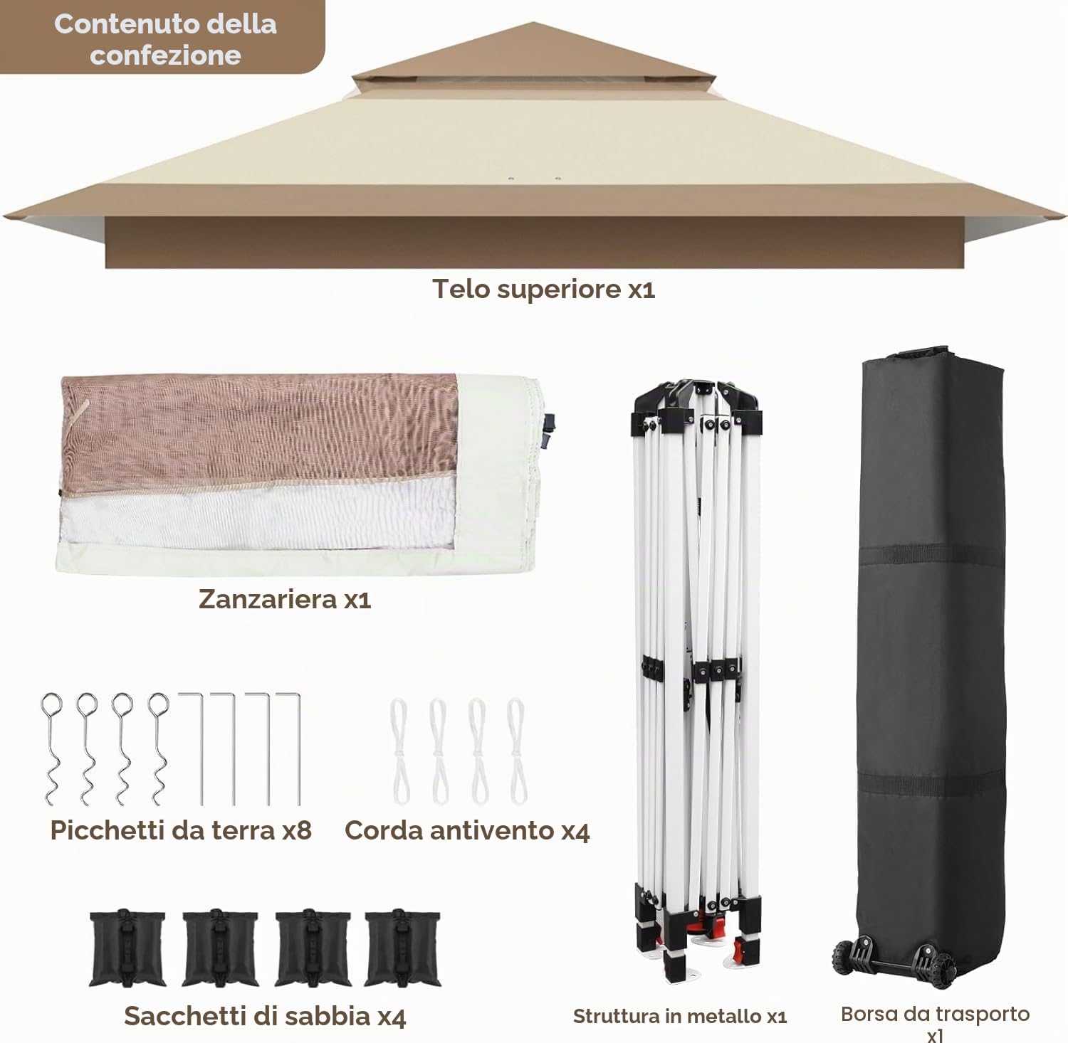 Gazebo pieghevole 3,3x3,3 m, con 4 pannelli laterali in zanzariera, One Push tenda con doppio tetto, Gazebo impermeabile da giardino 4 sacchi di sabbia, per mercato/campeggio/spiaggia, Marrone Cachi