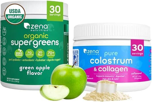 Zena Nutrition Organic Supergreens Greens Powder, 70+ Superfoods, Green Apple, 30 Servings + Bovine Colostrum & Collagen Powder Supplement, Supports Immunity, Digestion, Hair, Beauty, 30 Servings