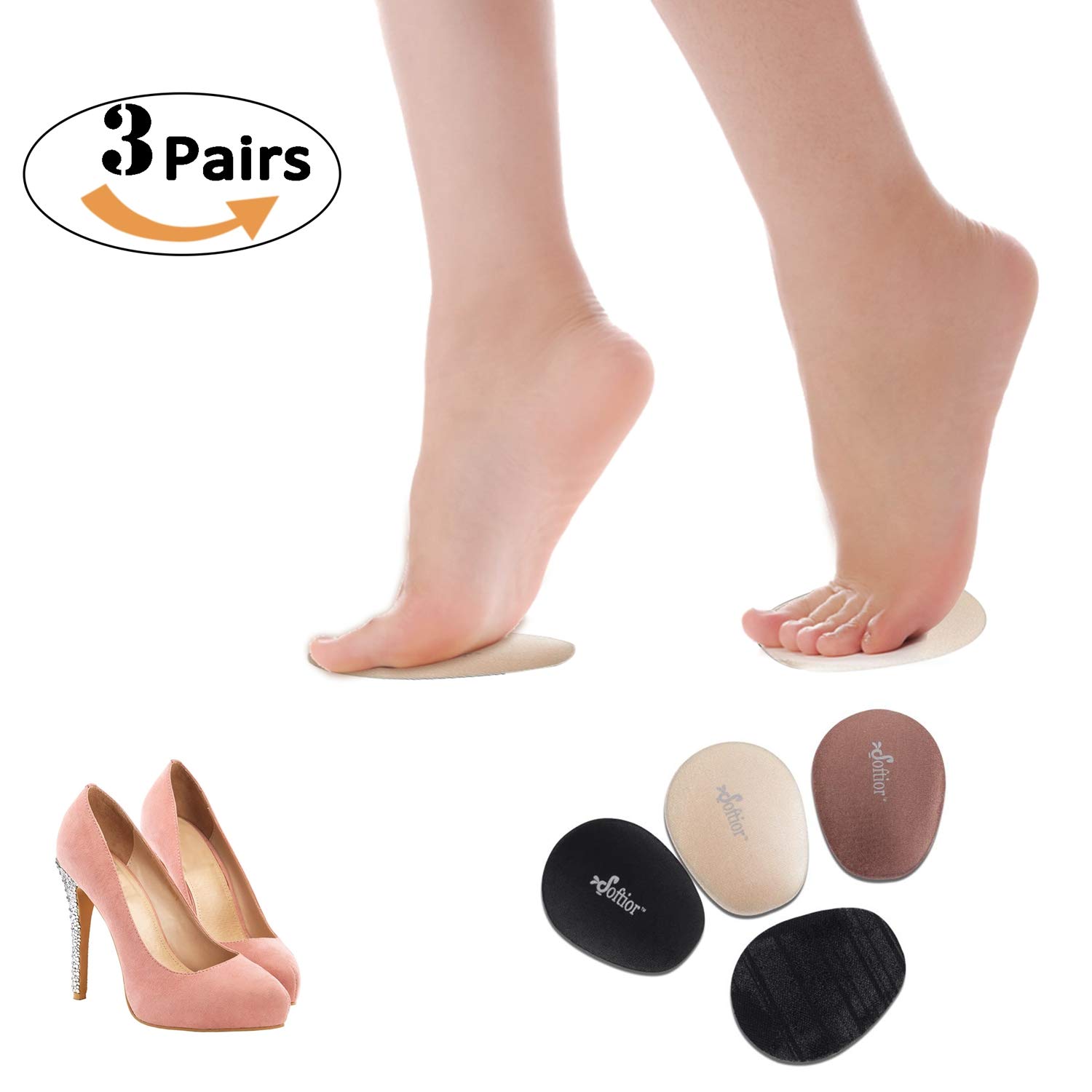 Cojines de bola de pie para mujer, 3 pares – Insertos de espuma adhesiva para zapatos de tacón alto – Plantilla acolchada para alivio del dolor metatarsiano, soporte antideslizante en el
